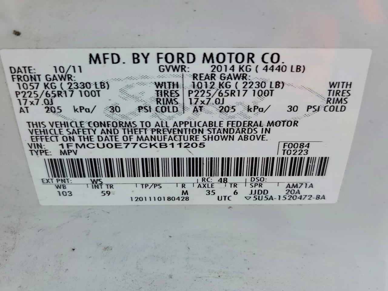2012 Ford Escape Limited White vin: 1FMCU0E77CKB11205