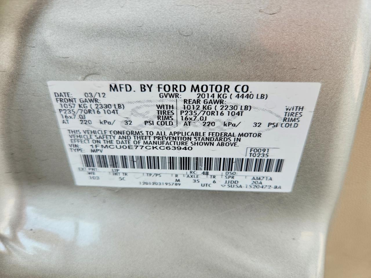 2012 Ford Escape Limited Gold vin: 1FMCU0E77CKC63940