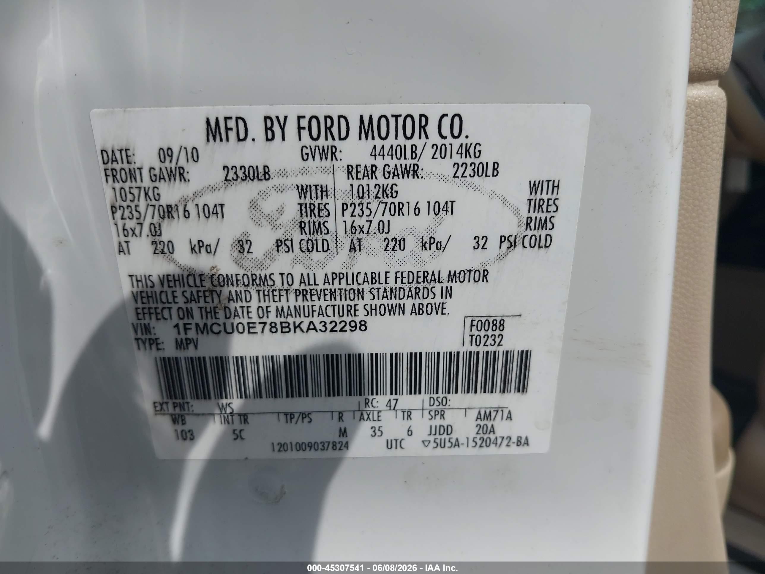 2011 Ford Escape Limited White vin: 1FMCU0E78BKA32298
