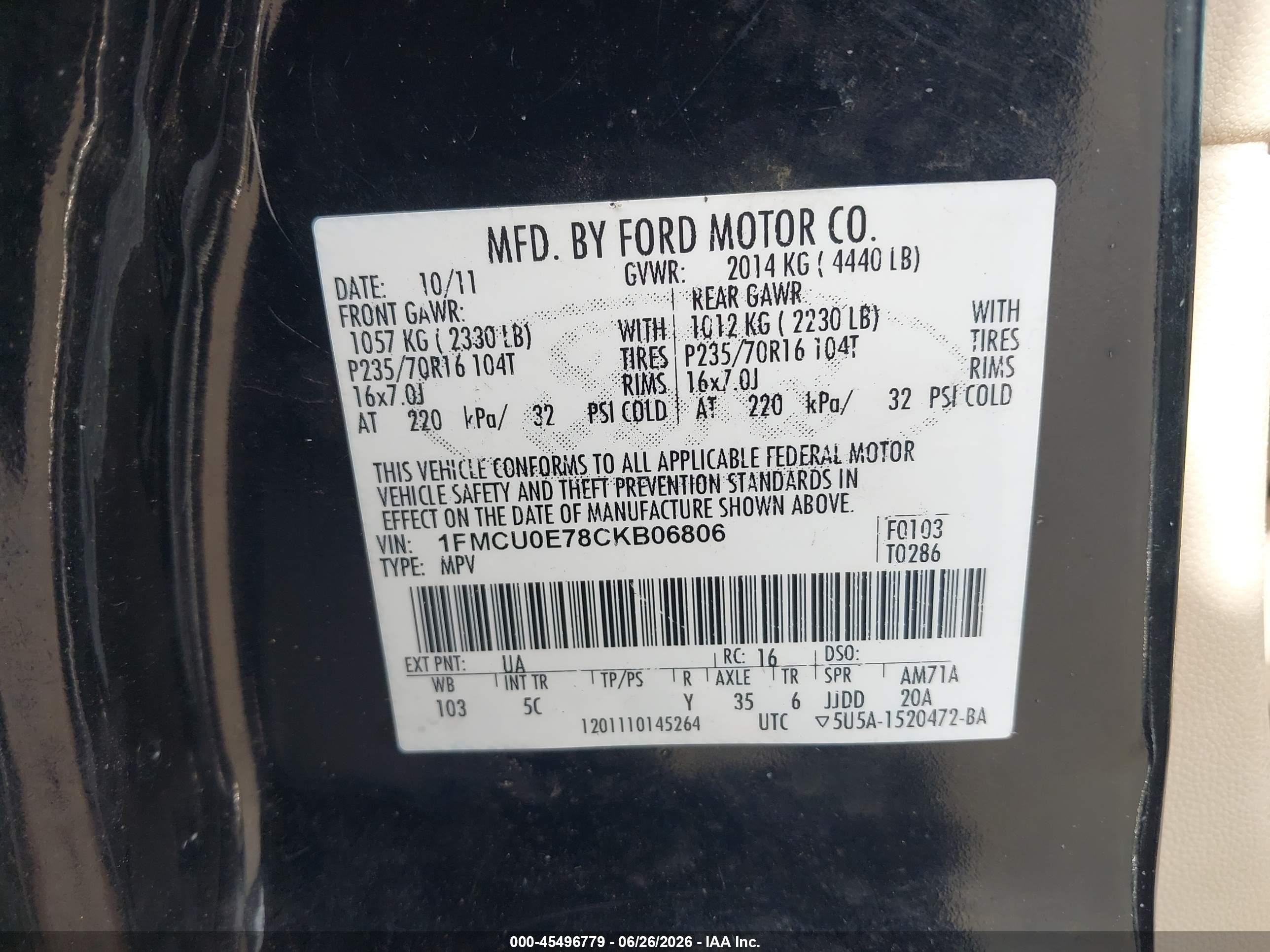 2012 Ford Escape Limited Black vin: 1FMCU0E78CKB06806