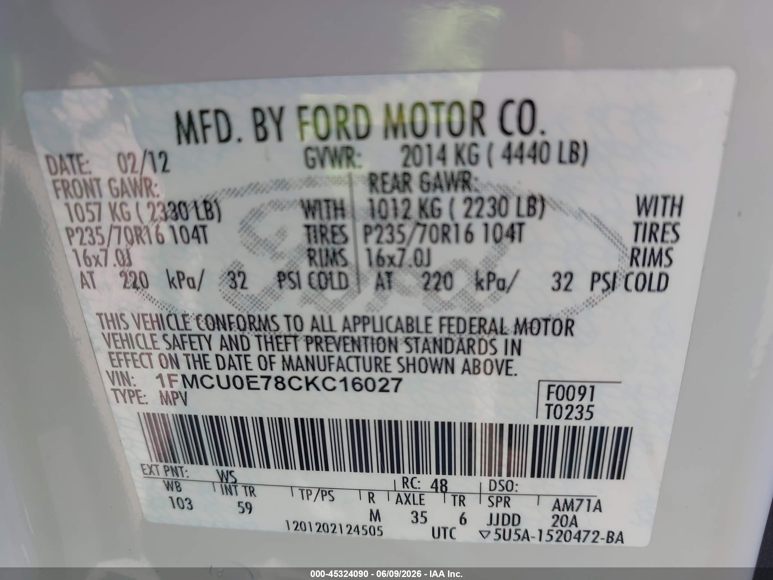 2012 Ford Escape Limited White vin: 1FMCU0E78CKC16027