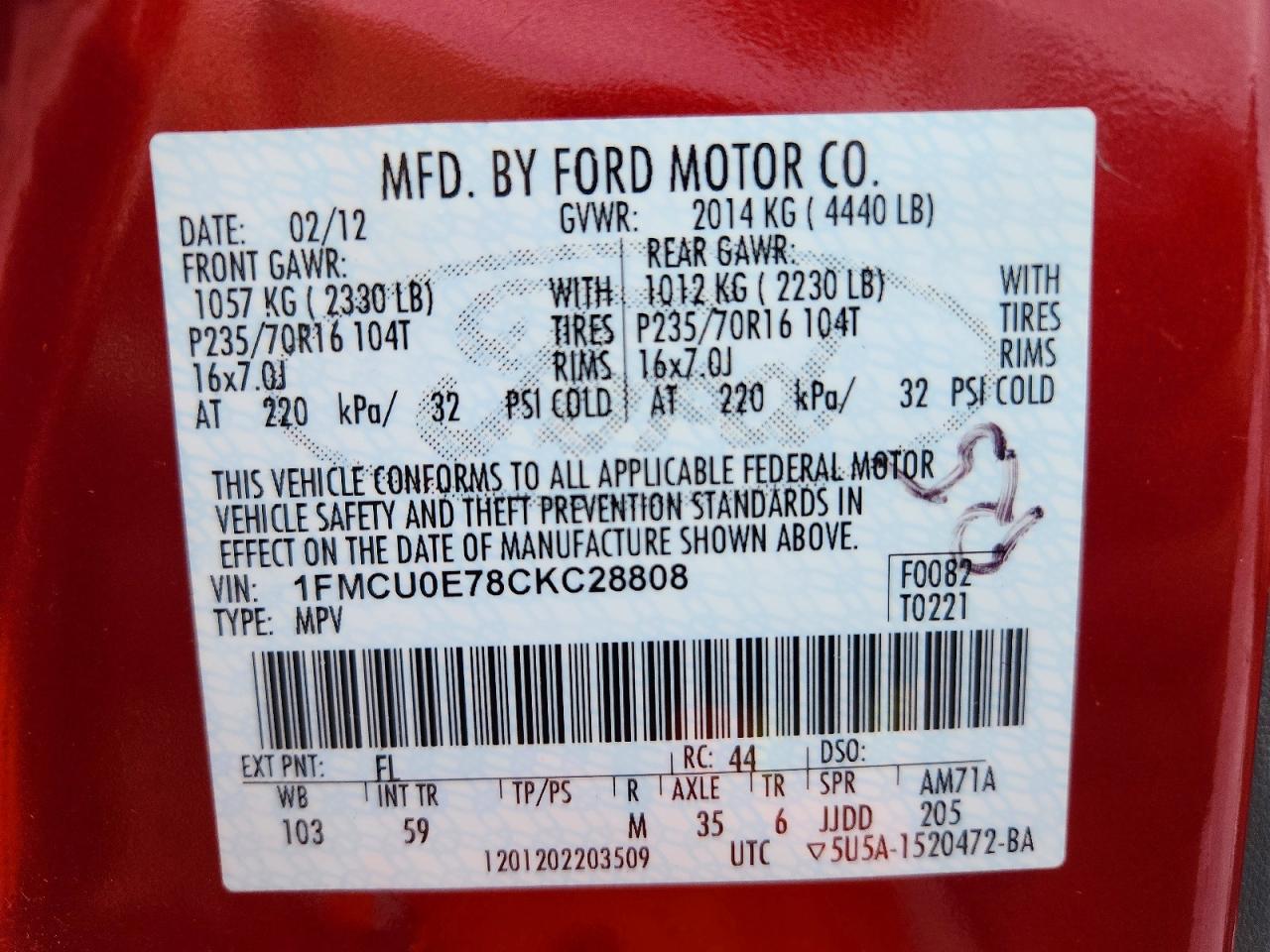 2012 Ford Escape Limited Red vin: 1FMCU0E78CKC28808