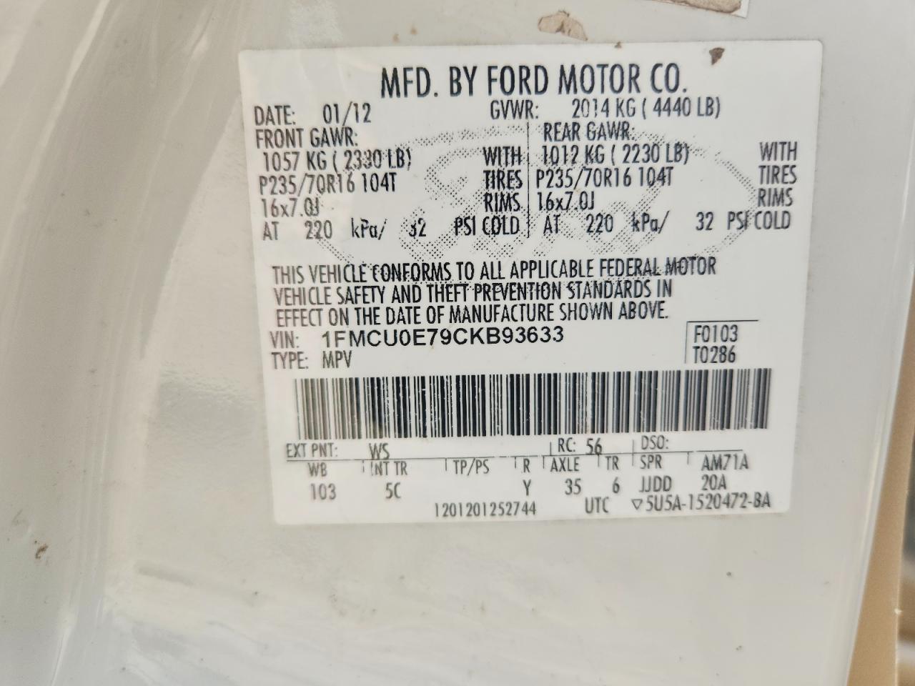 2012 Ford Escape Limited White vin: 1FMCU0E79CKB93633