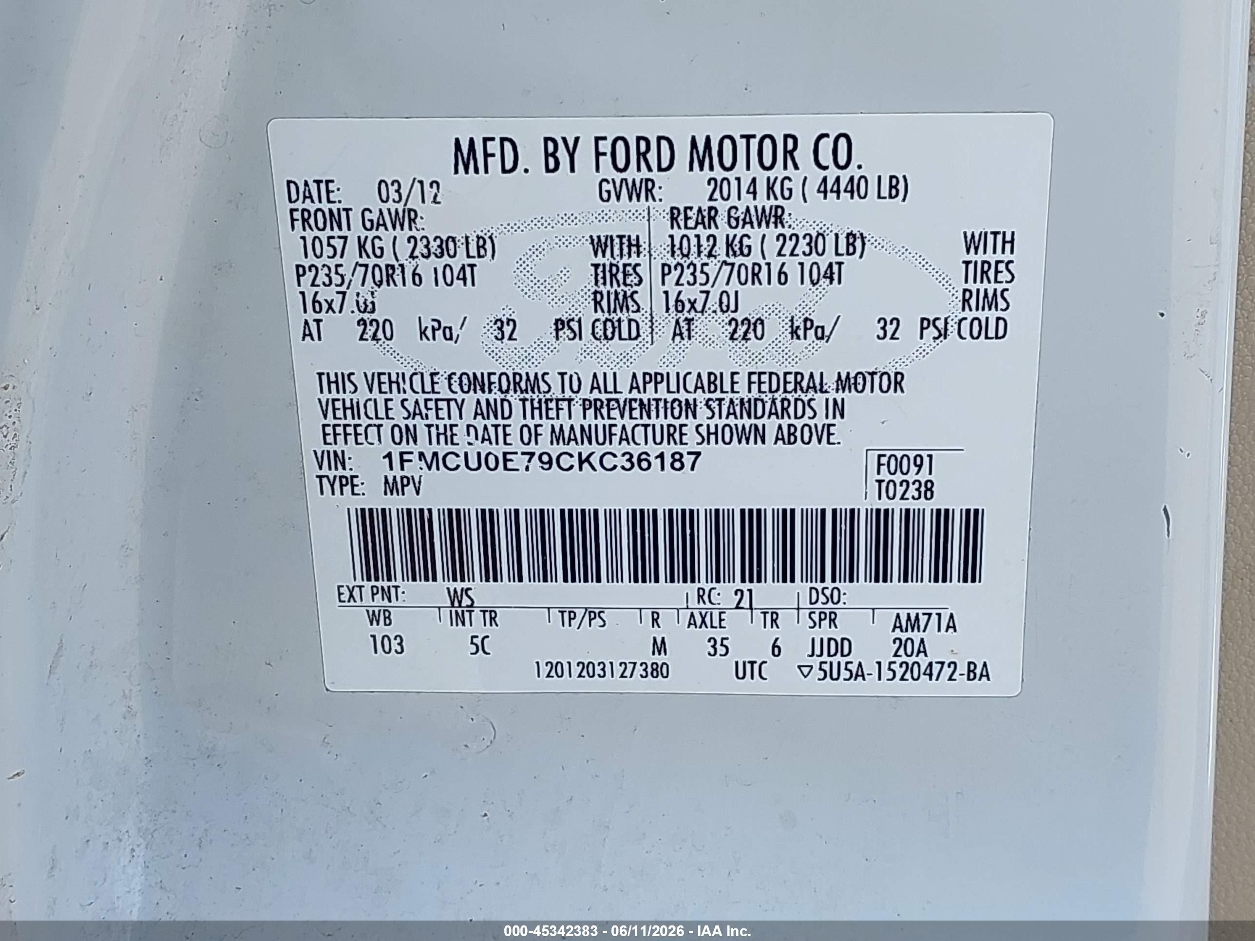 2012 Ford Escape Limited Белый vin: 1FMCU0E79CKC36187