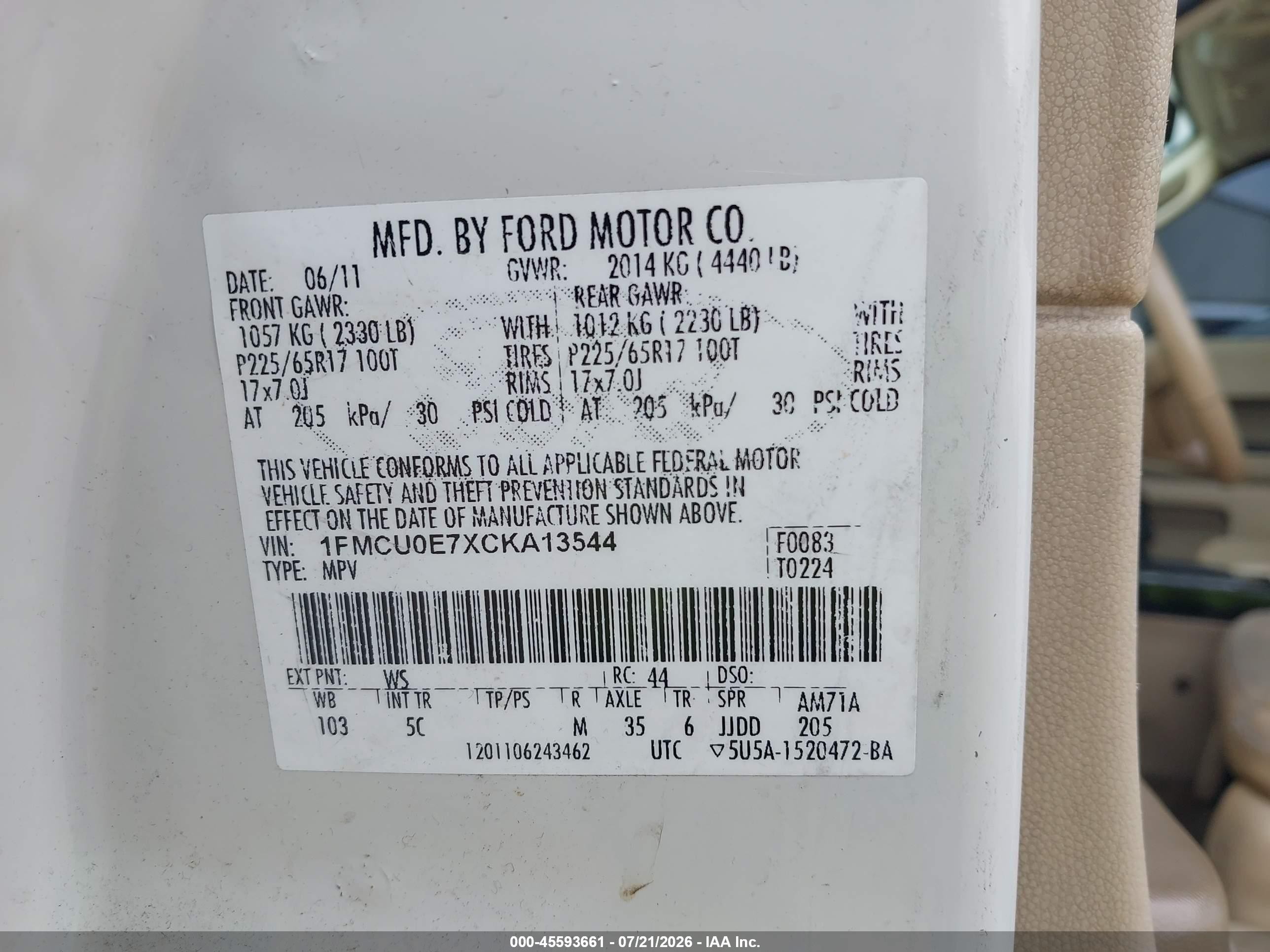2012 Ford Escape Limited White vin: 1FMCU0E7XCKA13544