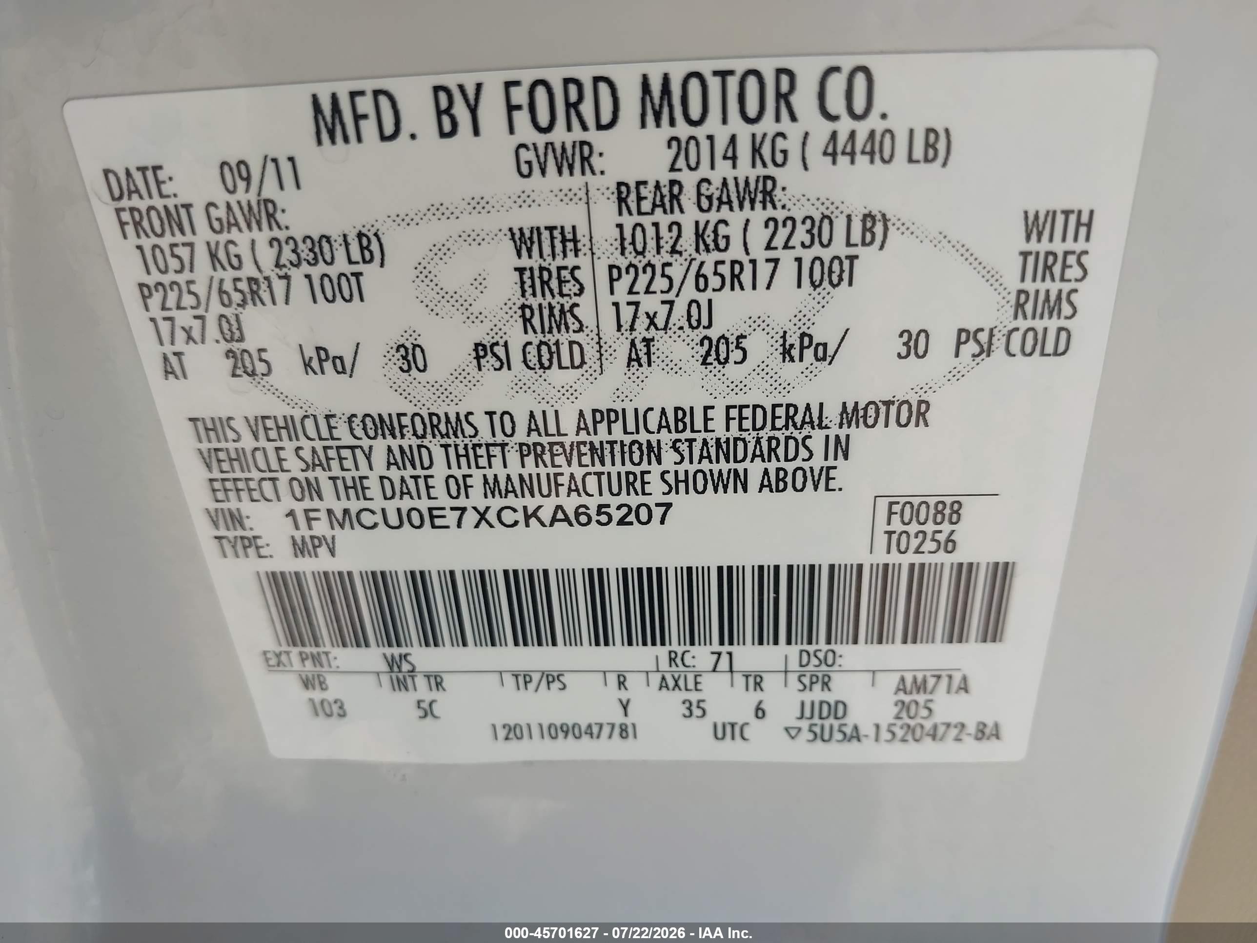 2012 Ford Escape Limited White vin: 1FMCU0E7XCKA65207