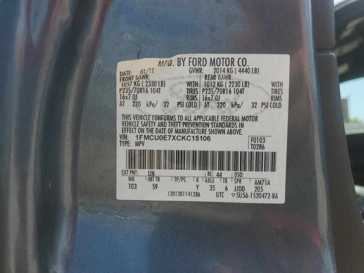 2012 Ford Escape Limited Blue vin: 1FMCU0E7XCKC15106