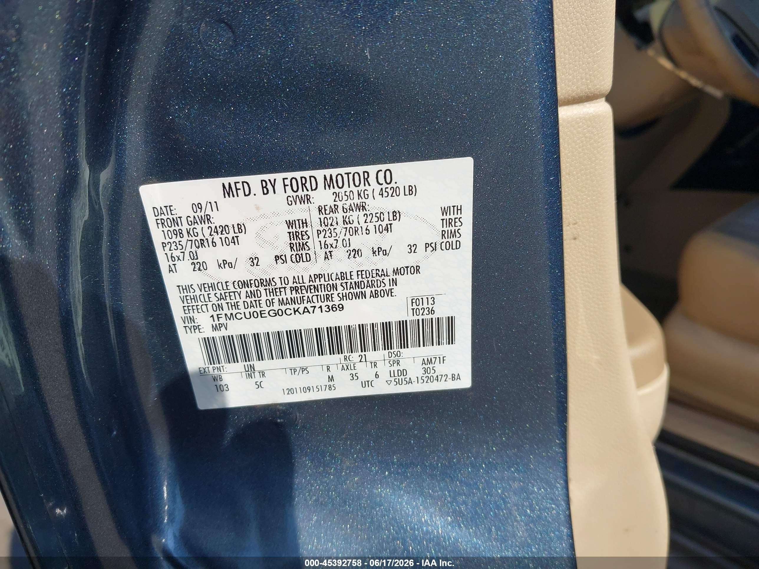 2012 Ford Escape Limited Blue vin: 1FMCU0EG0CKA71369