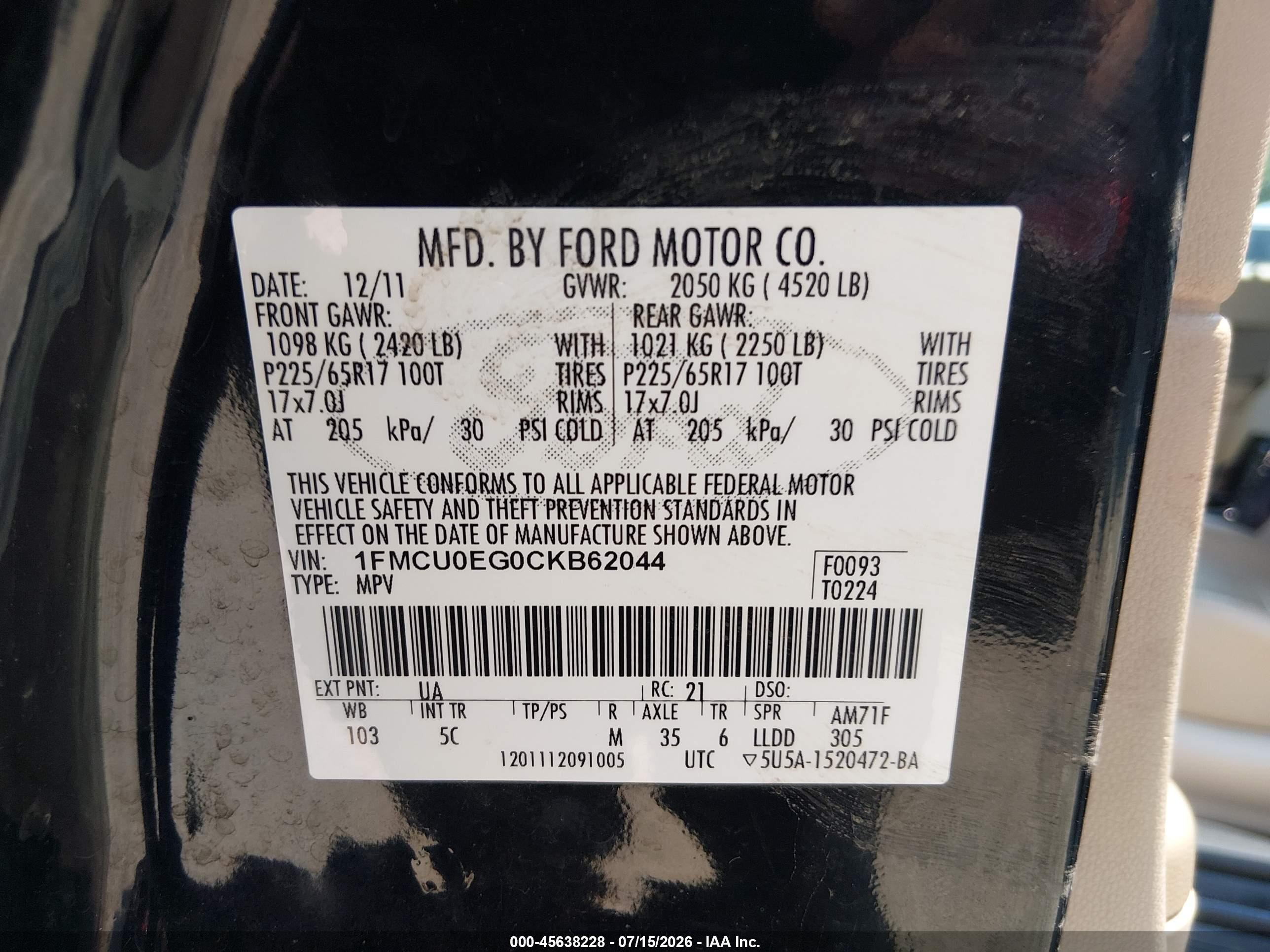 2012 Ford Escape Limited Black vin: 1FMCU0EG0CKB62044