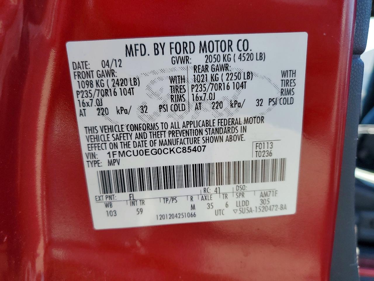 2012 Ford Escape Red vin: 1FMCU0EG0CKC85407