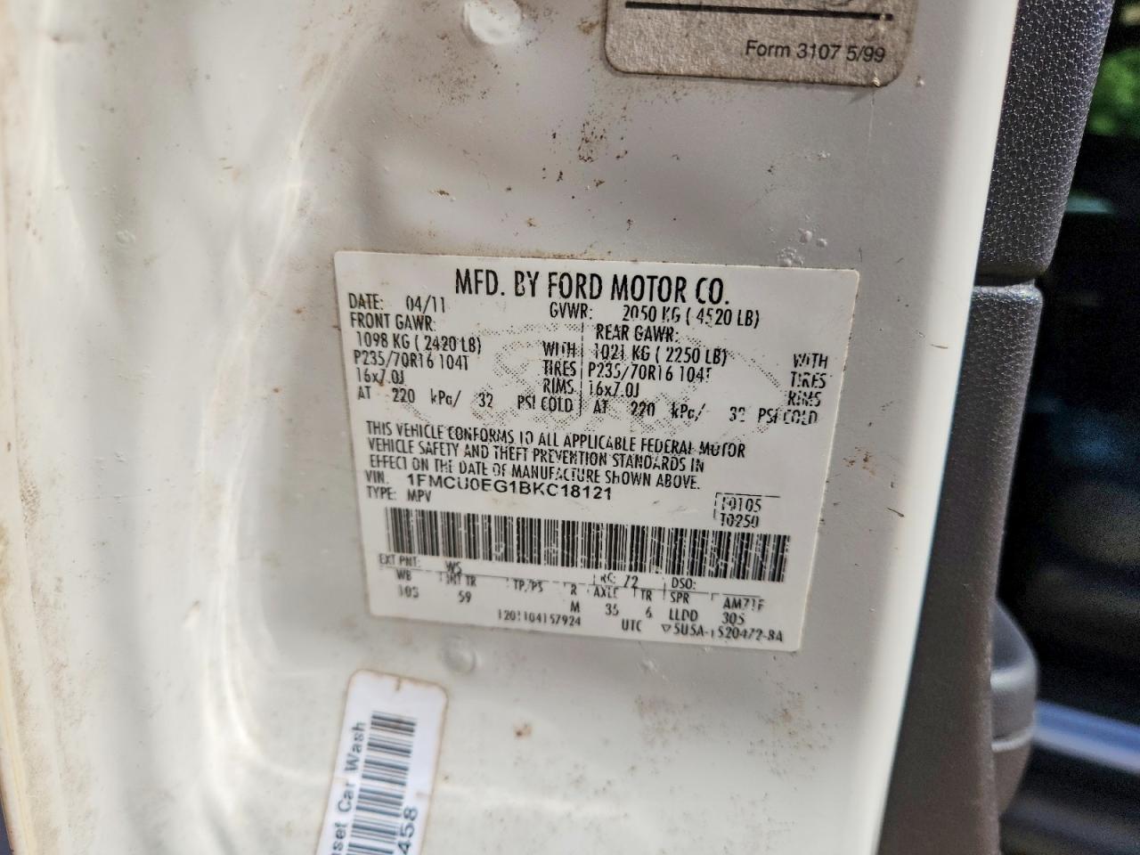 2011 Ford Escape Limited White vin: 1FMCU0EG1BKC18121
