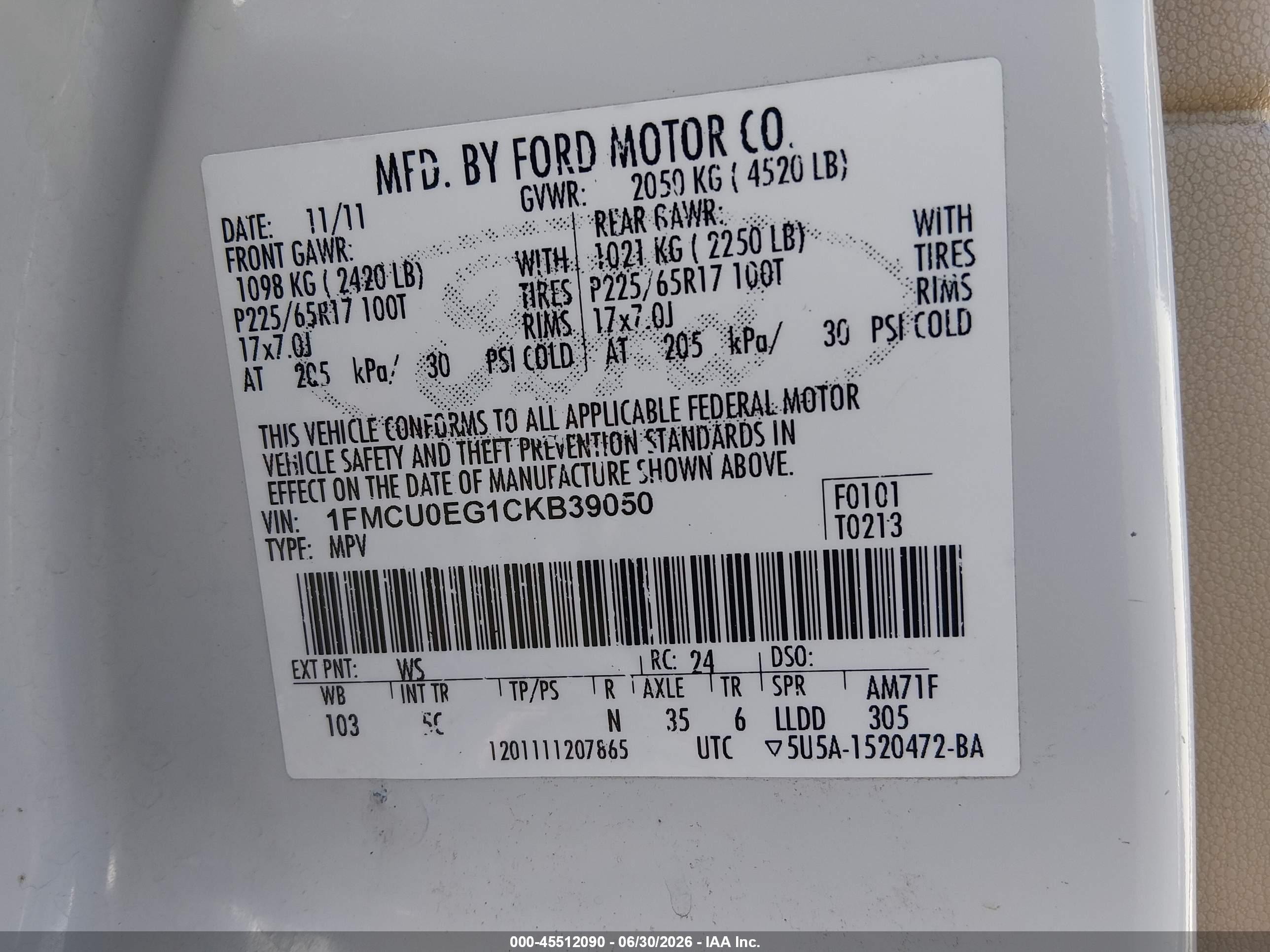 2012 Ford Escape Limited White vin: 1FMCU0EG1CKB39050