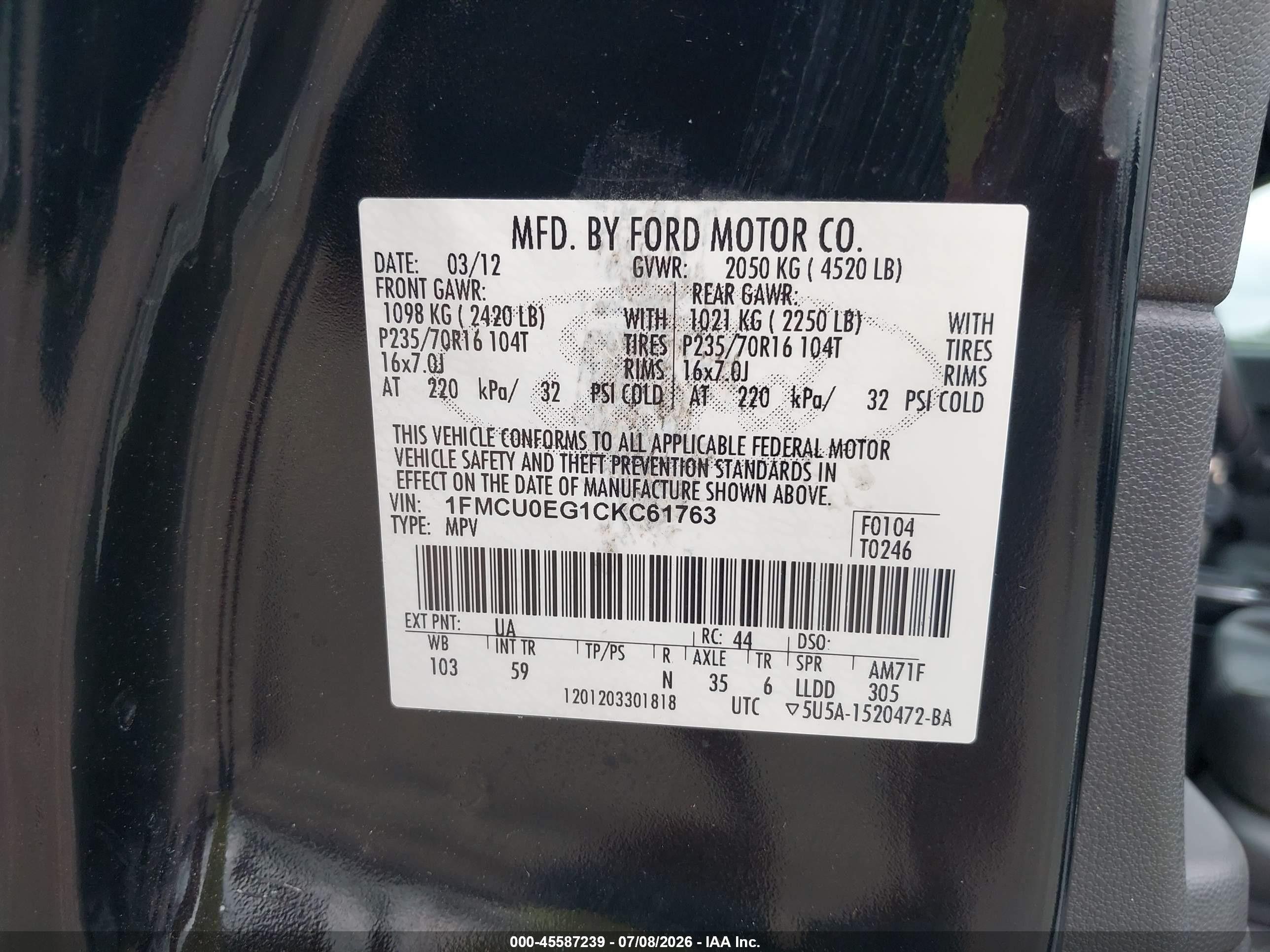 2012 Ford Escape Limited Черный vin: 1FMCU0EG1CKC61763