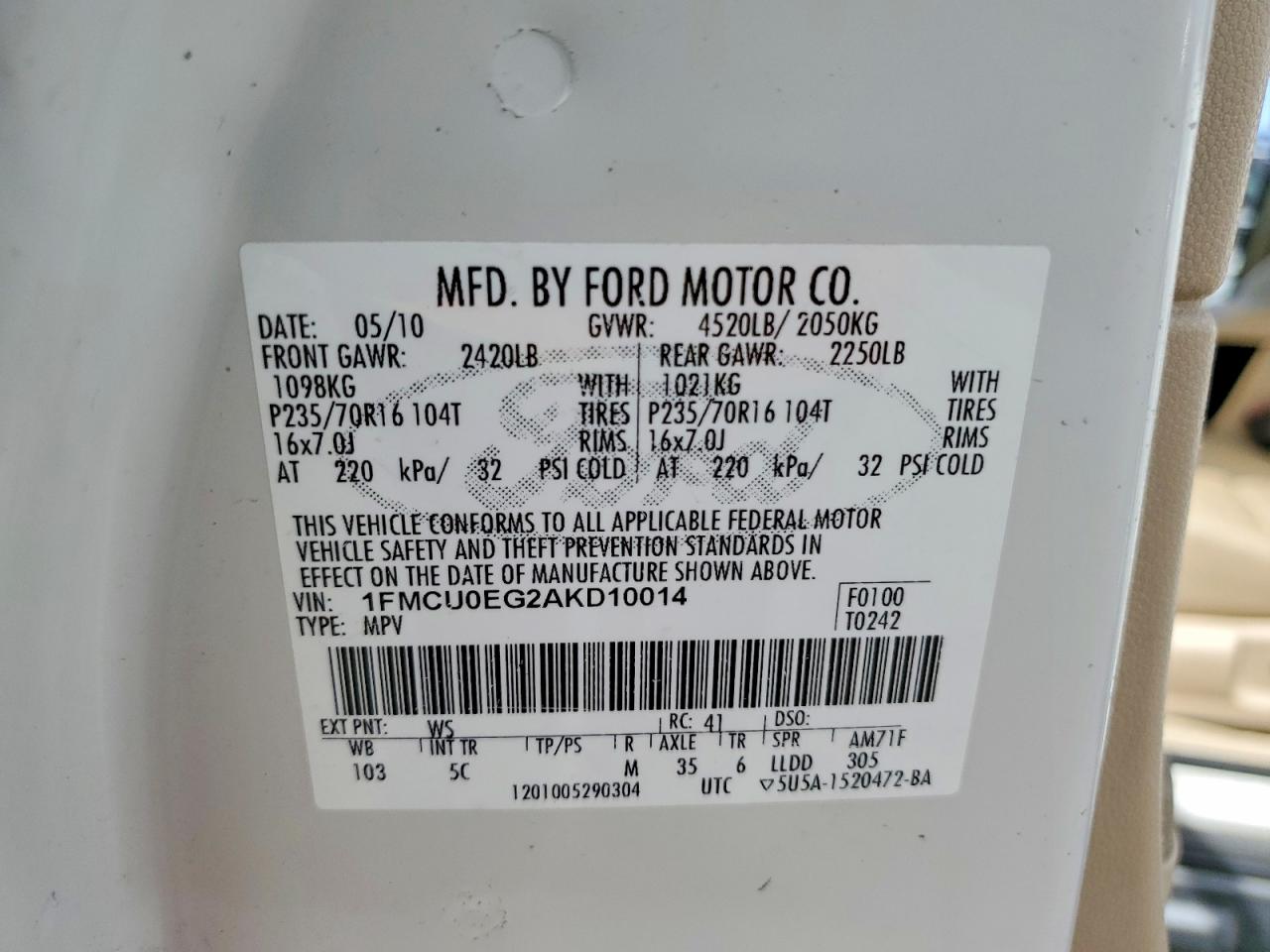 2010 Ford Escape Limited White vin: 1FMCU0EG2AKD10014