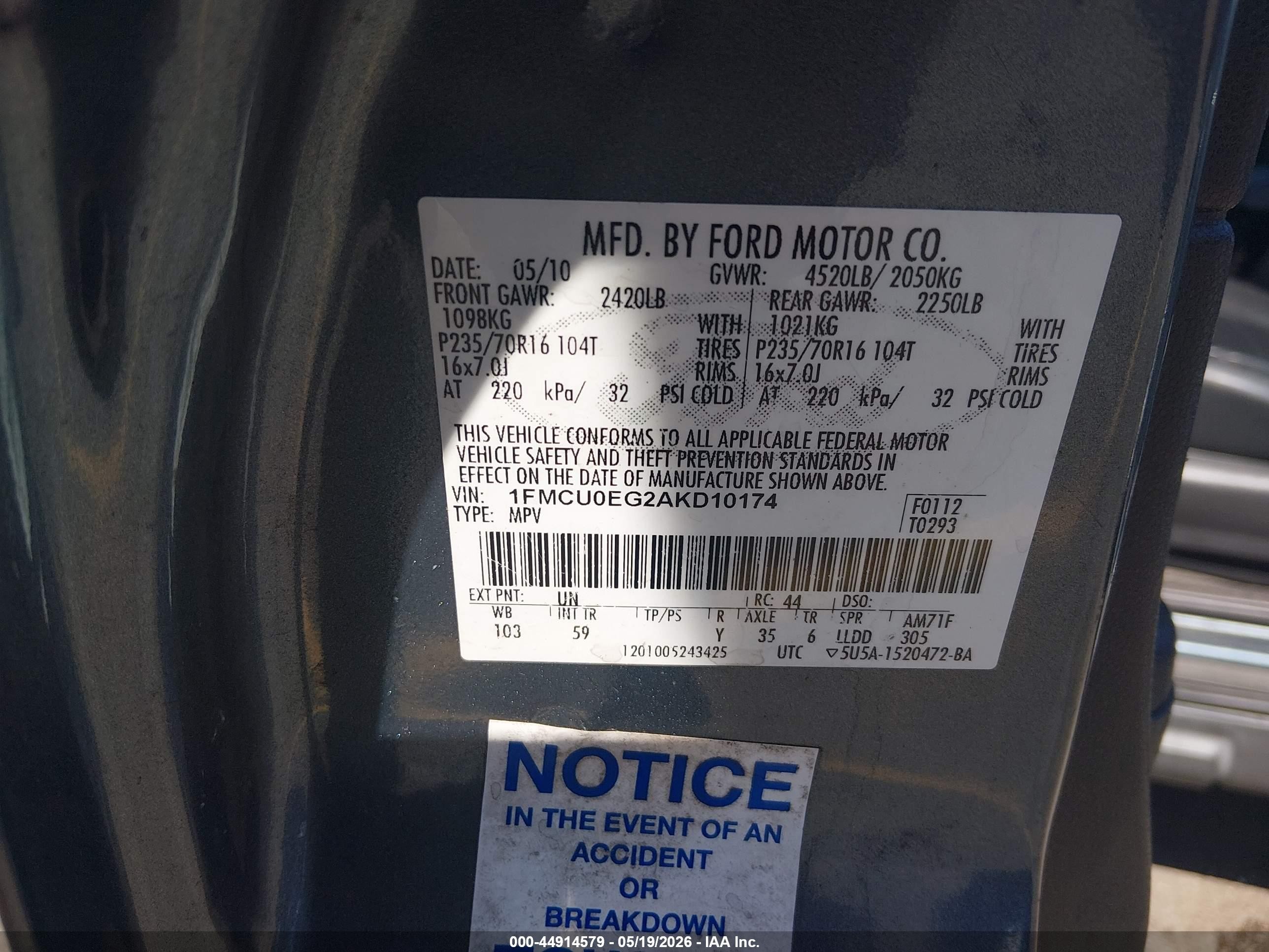 2010 Ford Escape Limited Blue vin: 1FMCU0EG2AKD10174