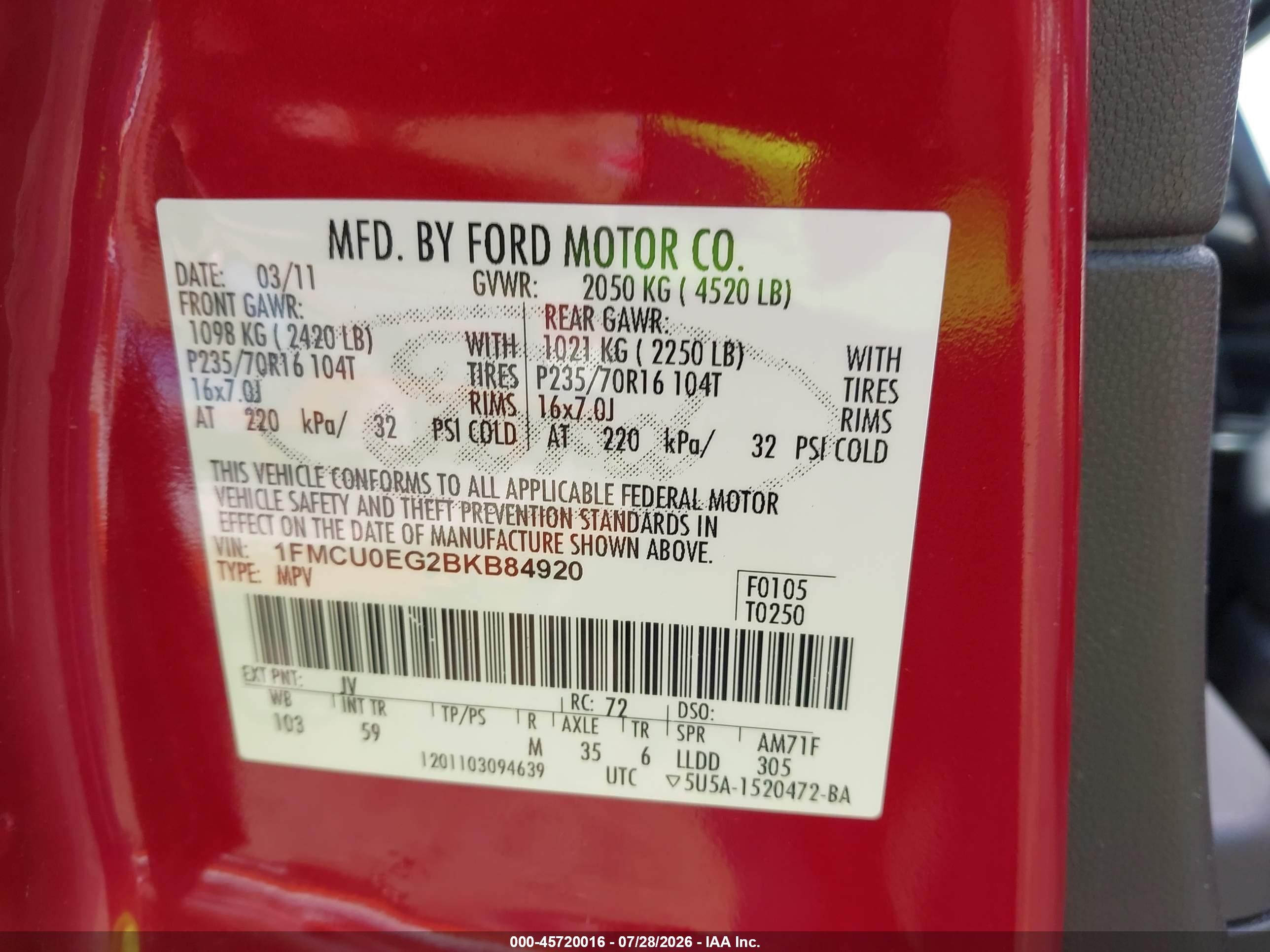 2011 Ford Escape Limited Red vin: 1FMCU0EG2BKB84920