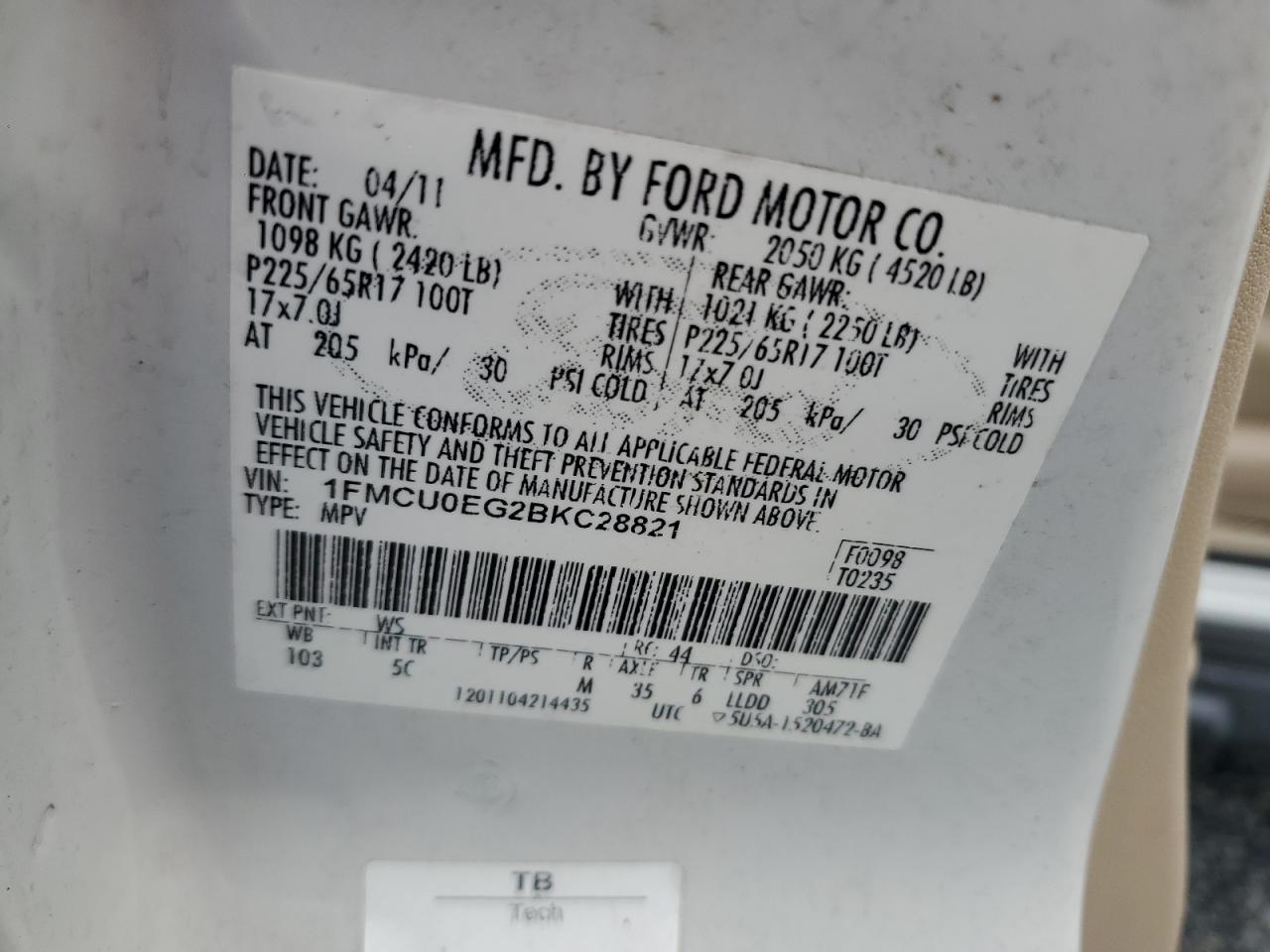 2011 Ford Escape Limited White vin: 1FMCU0EG2BKC28821