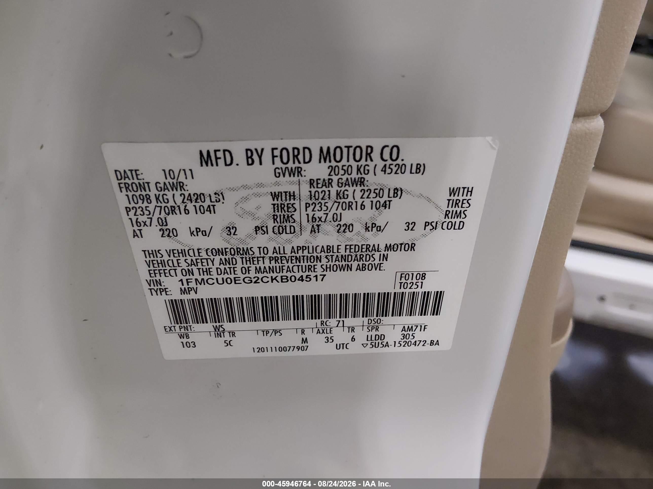 2012 Ford Escape Limited White vin: 1FMCU0EG2CKB04517