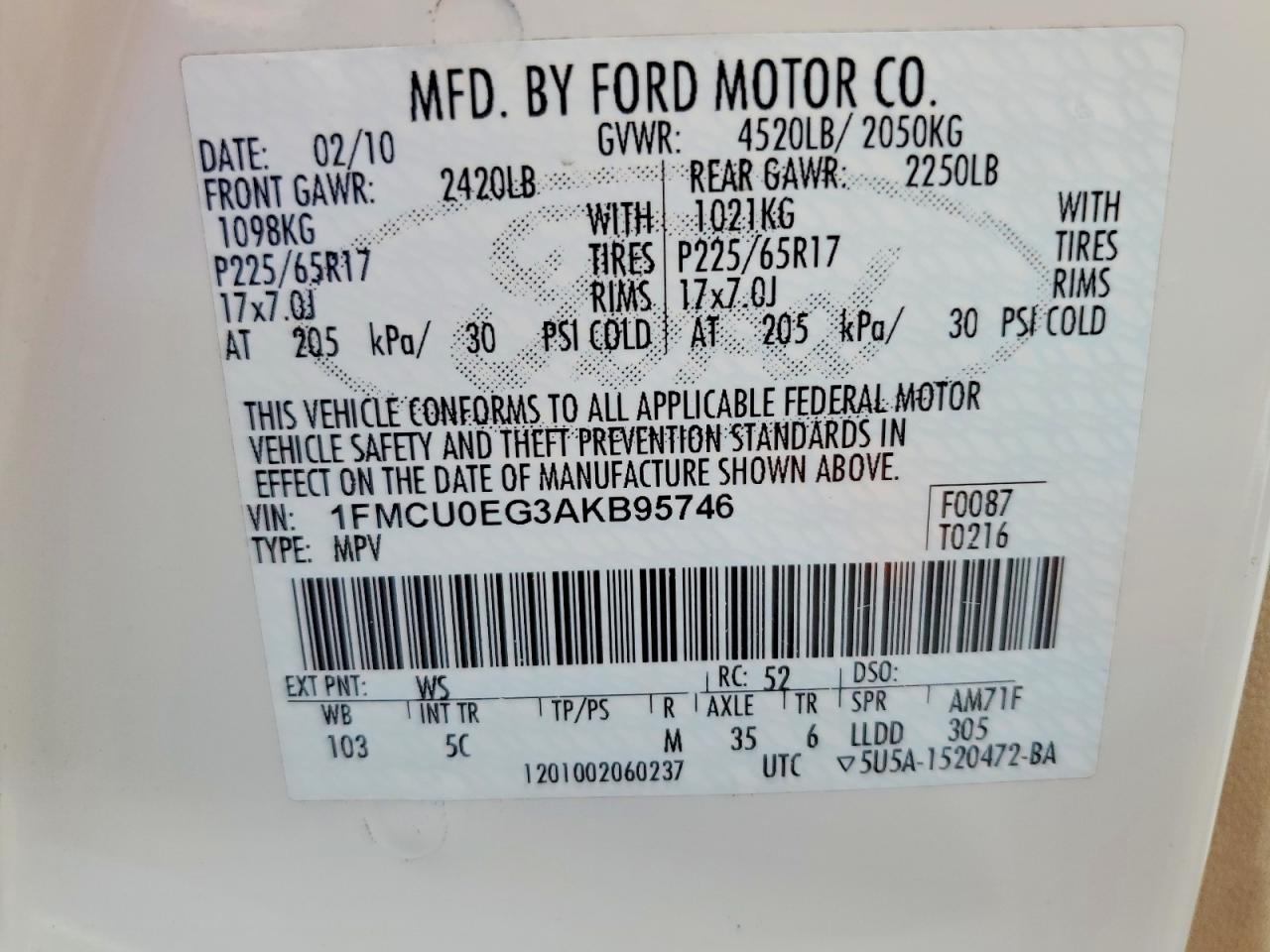 2010 Ford Escape Limited White vin: 1FMCU0EG3AKB95746
