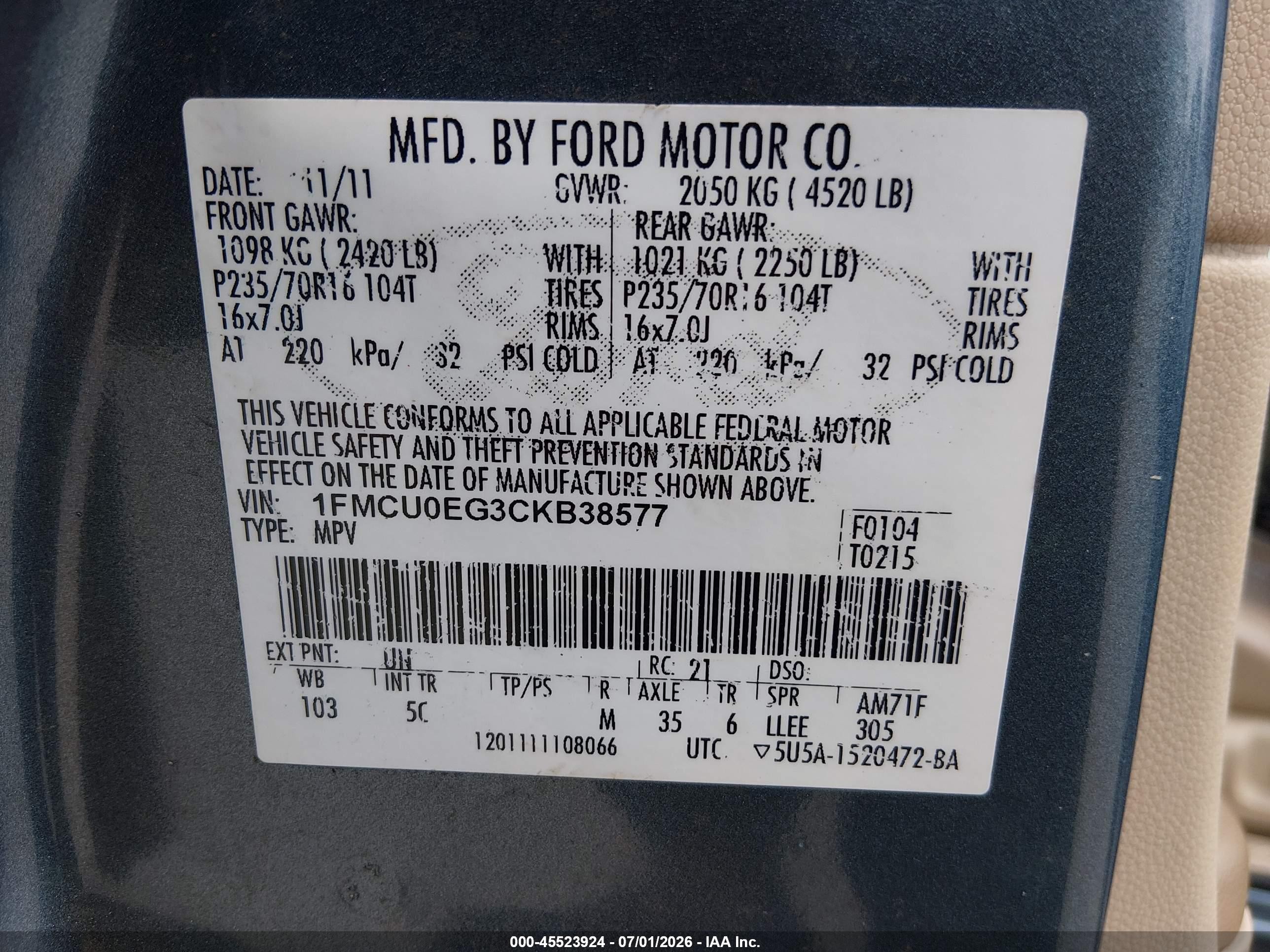 2012 Ford Escape Limited Light Blue vin: 1FMCU0EG3CKB38577