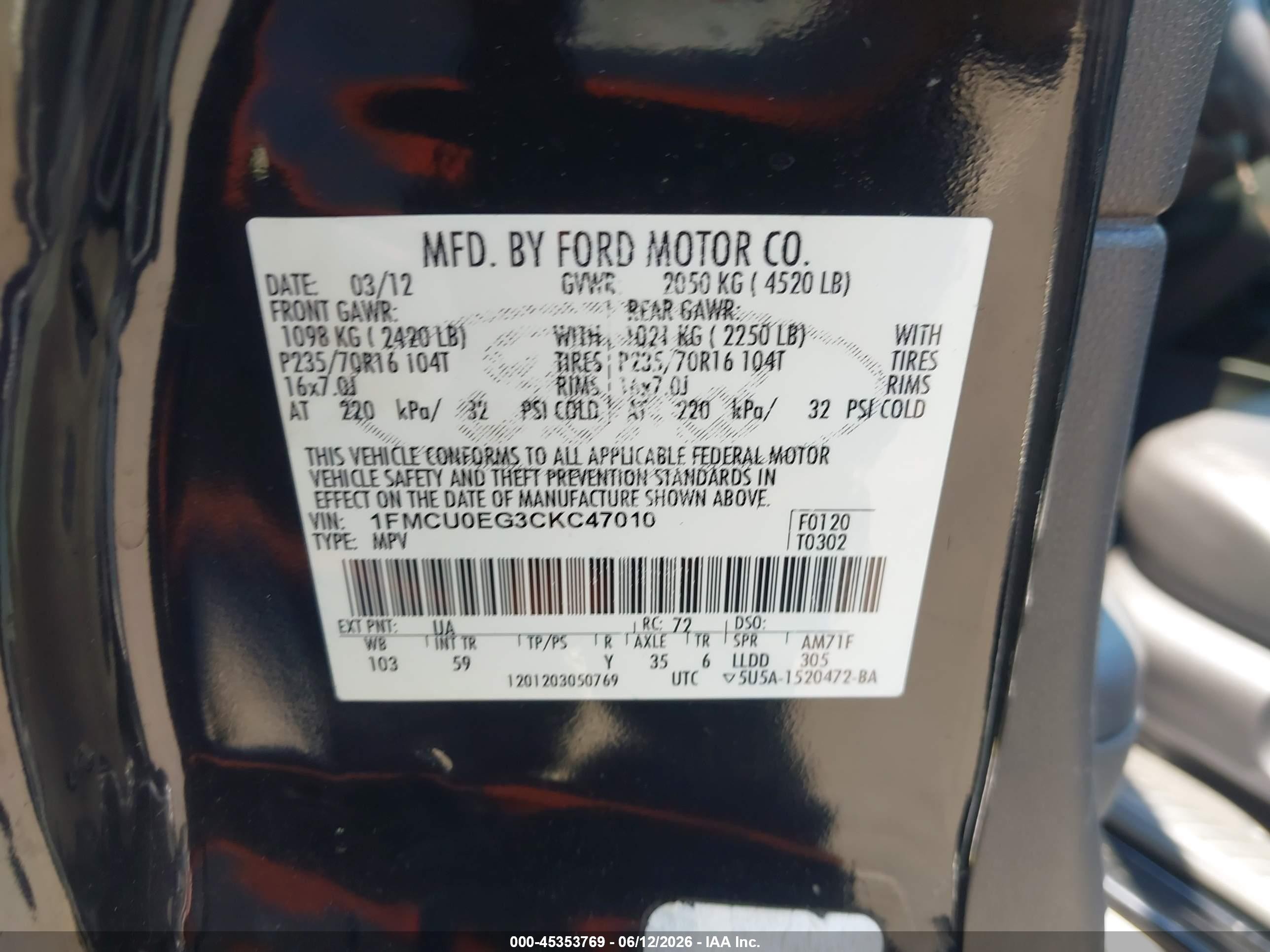 2012 Ford Escape Limited Black vin: 1FMCU0EG3CKC47010
