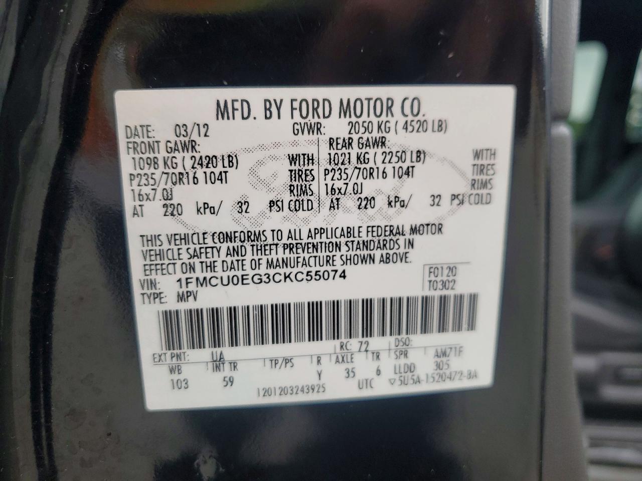 2012 Ford Escape Limited Black vin: 1FMCU0EG3CKC55074