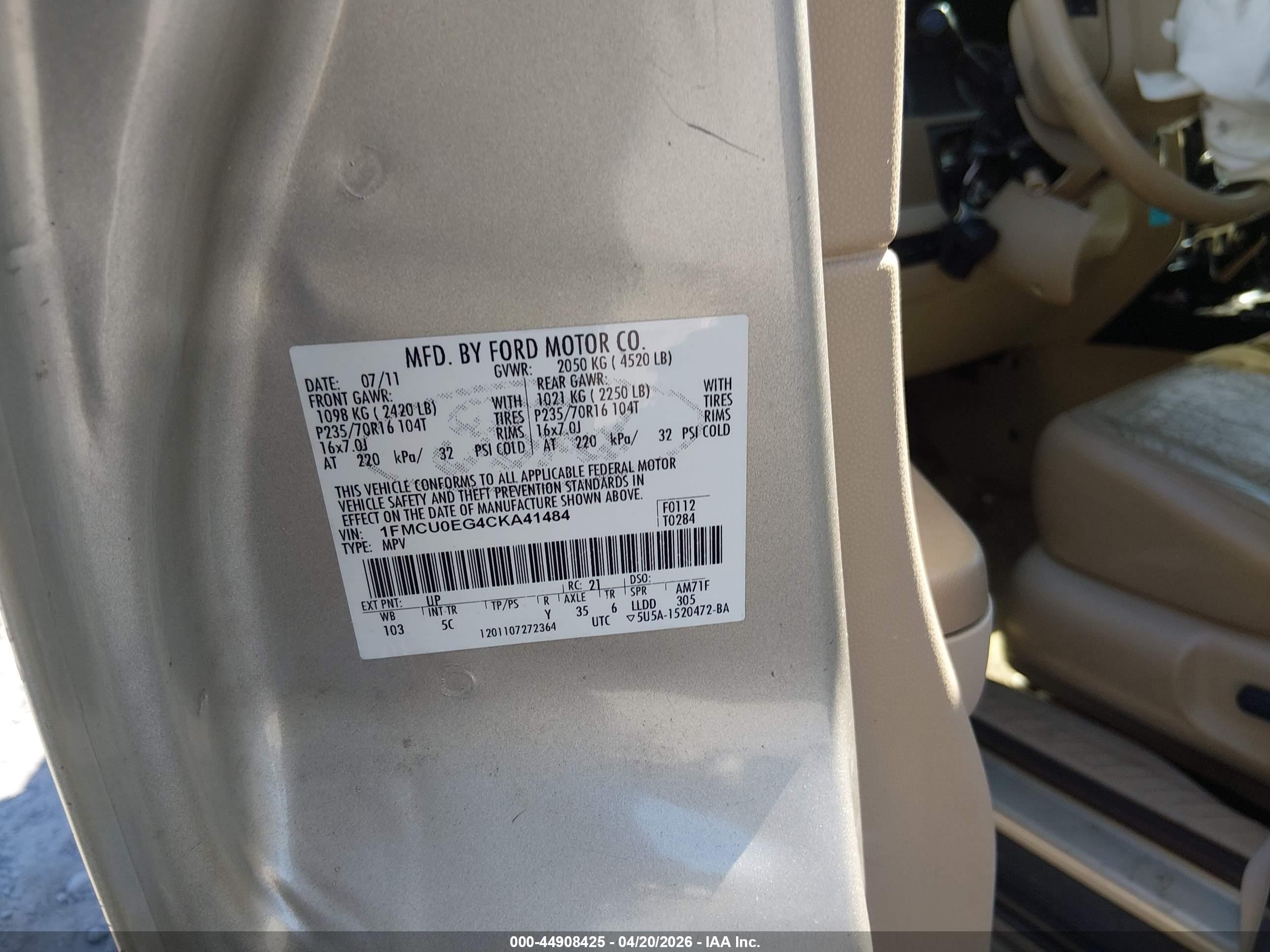 2012 Ford Escape Limited Beige vin: 1FMCU0EG4CKA41484