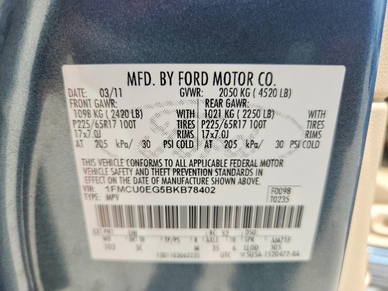 2011 Ford Escape Limited Blue vin: 1FMCU0EG5BKB78402