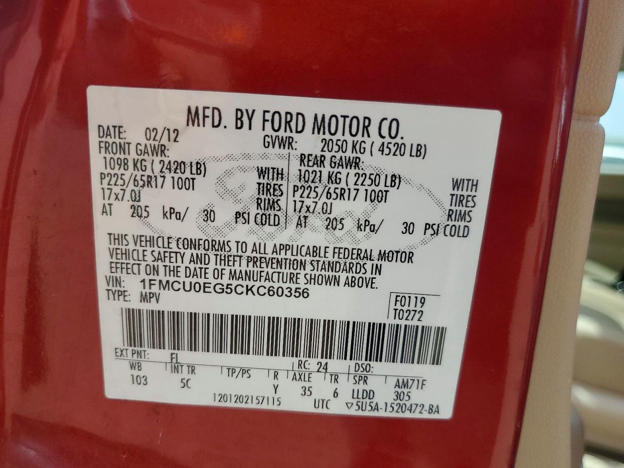 2012 Ford Escape Limited Red vin: 1FMCU0EG5CKC60356