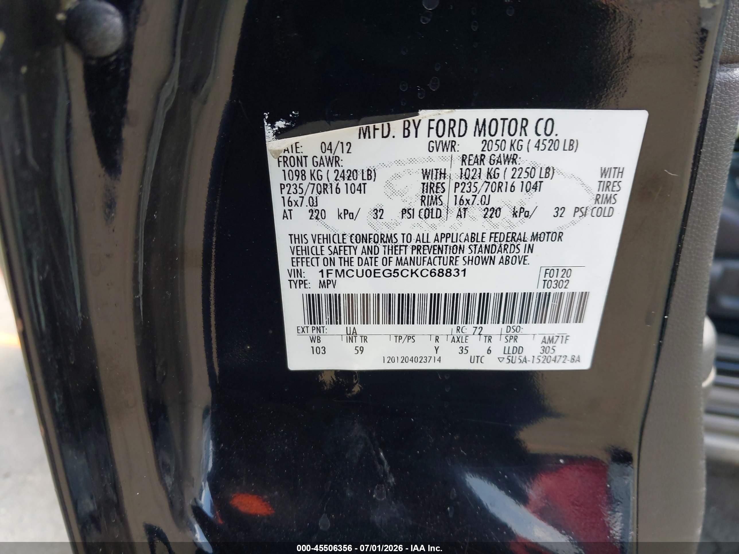 2012 Ford Escape Limited Black vin: 1FMCU0EG5CKC68831