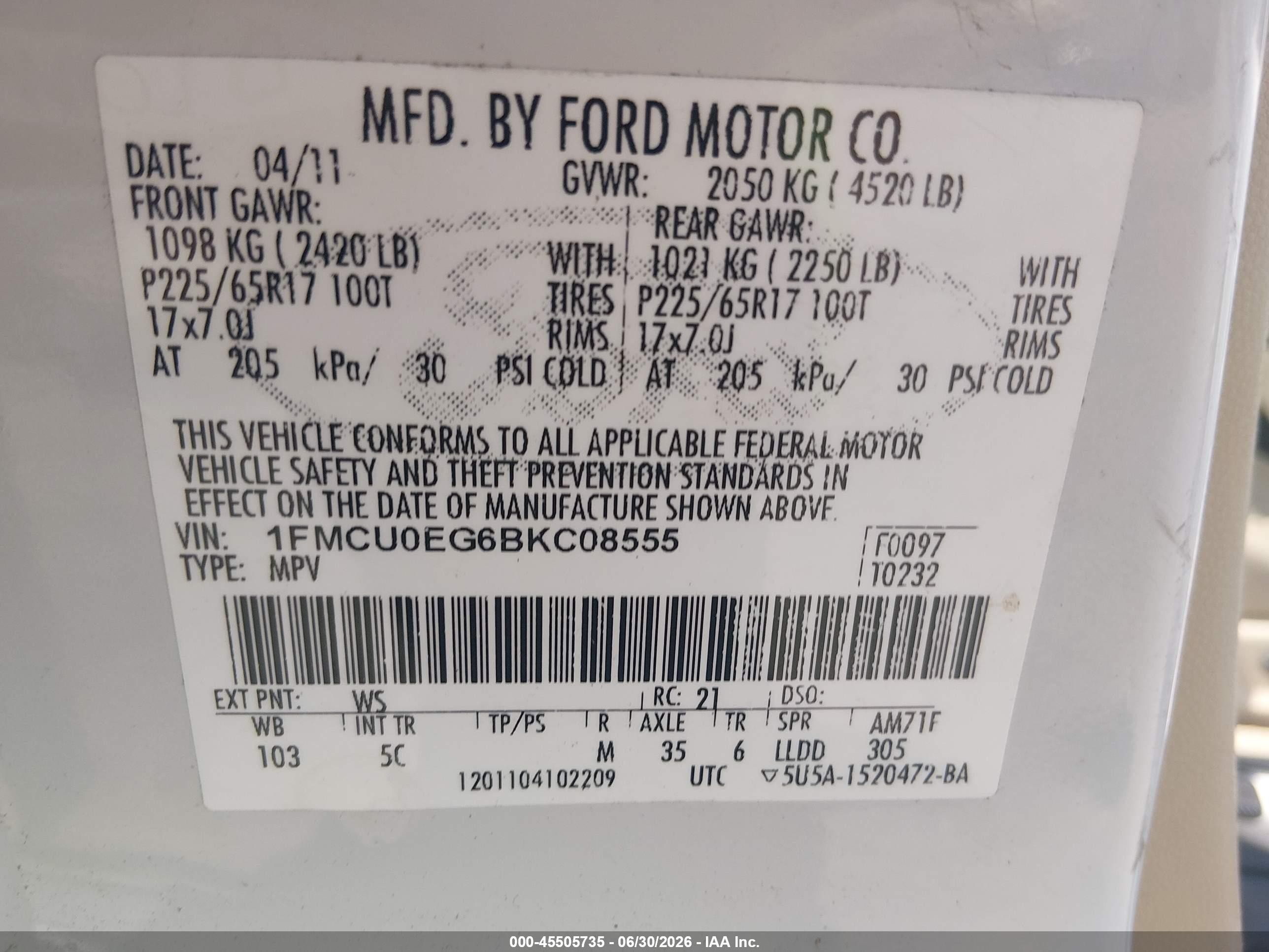 2011 Ford Escape Limited White vin: 1FMCU0EG6BKC08555