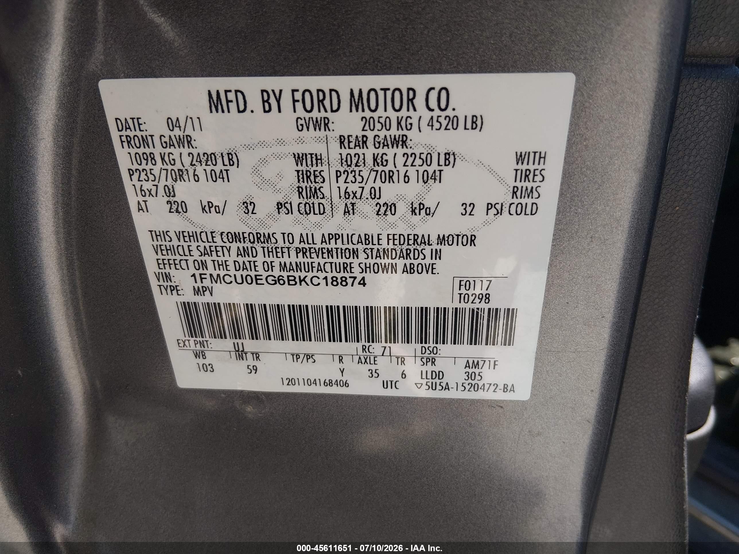 2011 Ford Escape Limited Серый vin: 1FMCU0EG6BKC18874