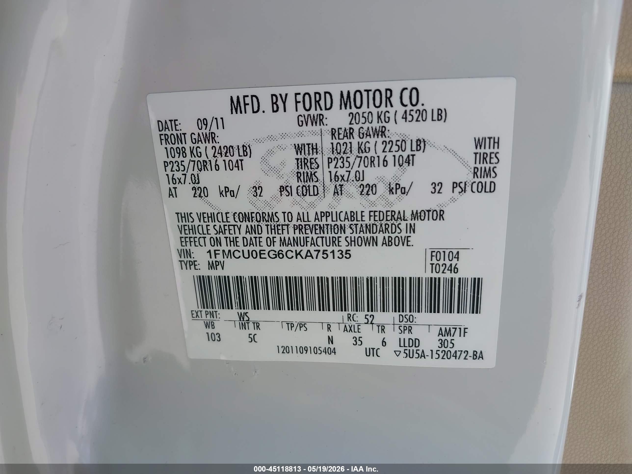 2012 Ford Escape Limited White vin: 1FMCU0EG6CKA75135