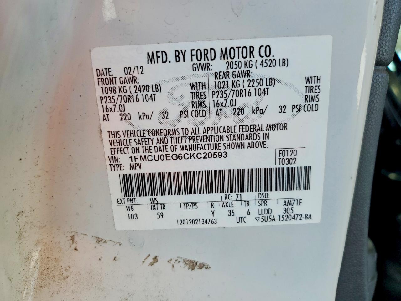2012 Ford Escape Limited White vin: 1FMCU0EG6CKC20593