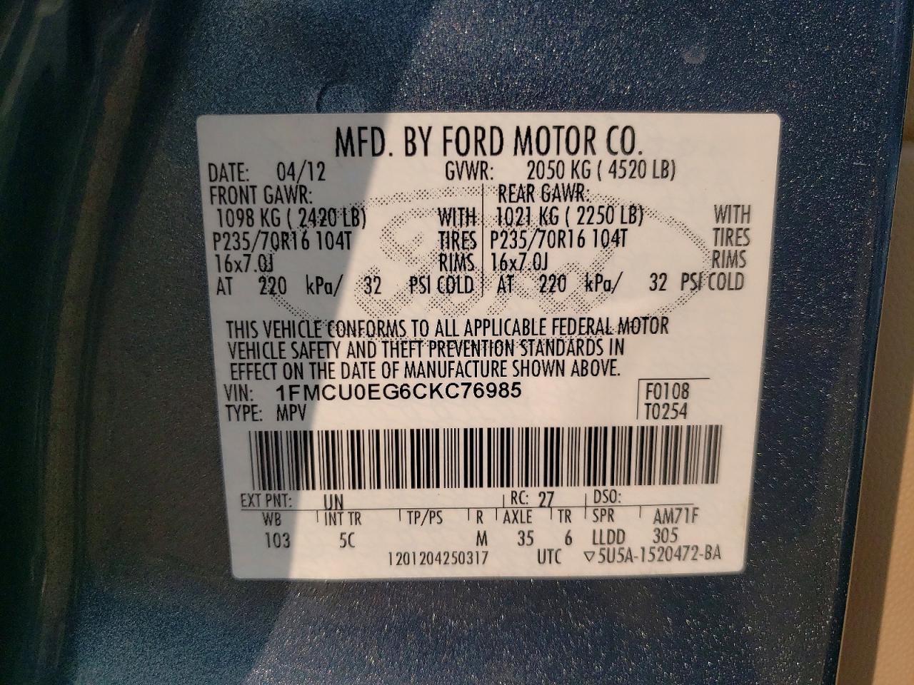 2012 Ford Escape Limited Blue vin: 1FMCU0EG6CKC76985