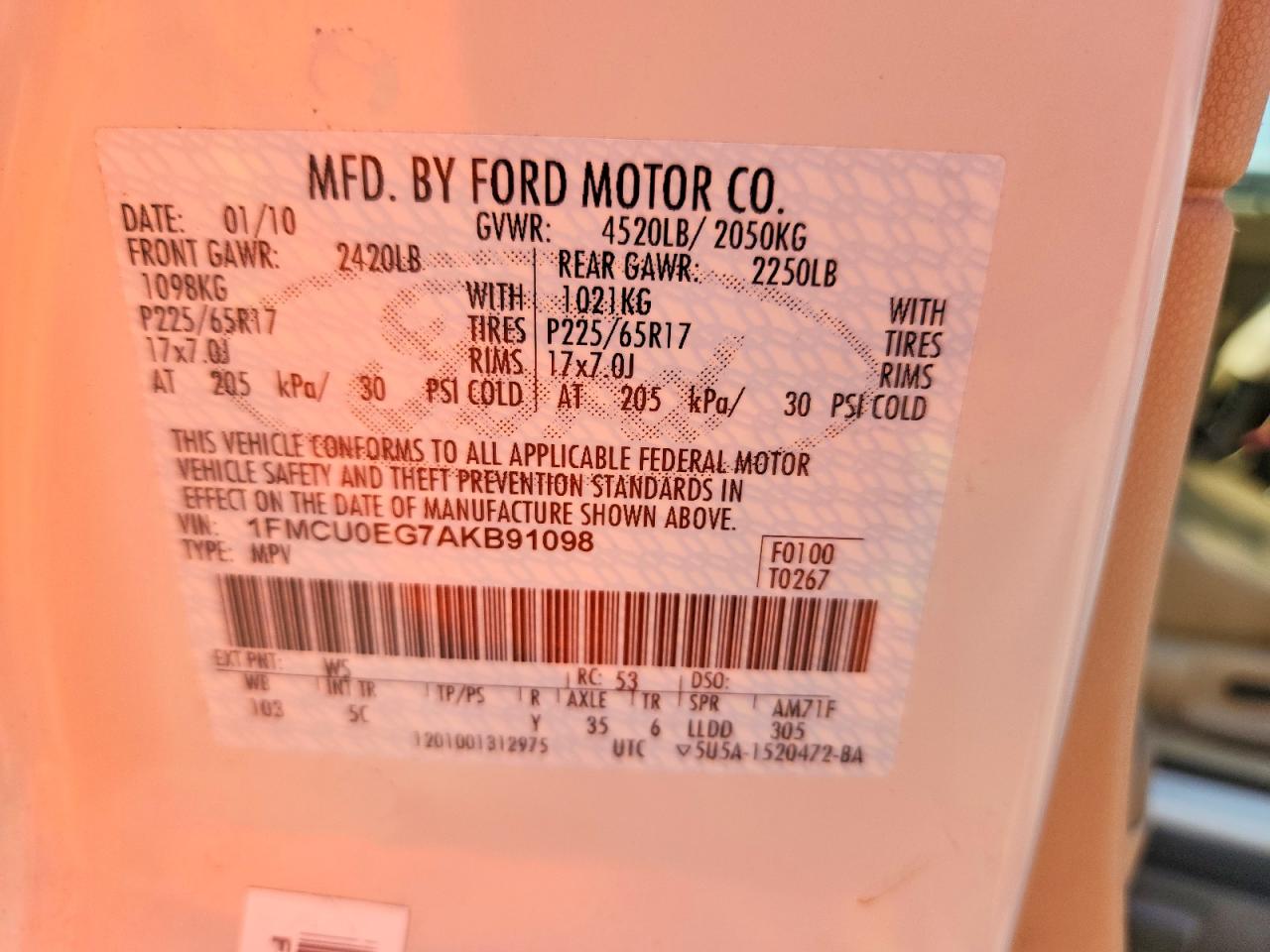 2010 Ford Escape Limited White vin: 1FMCU0EG7AKB91098