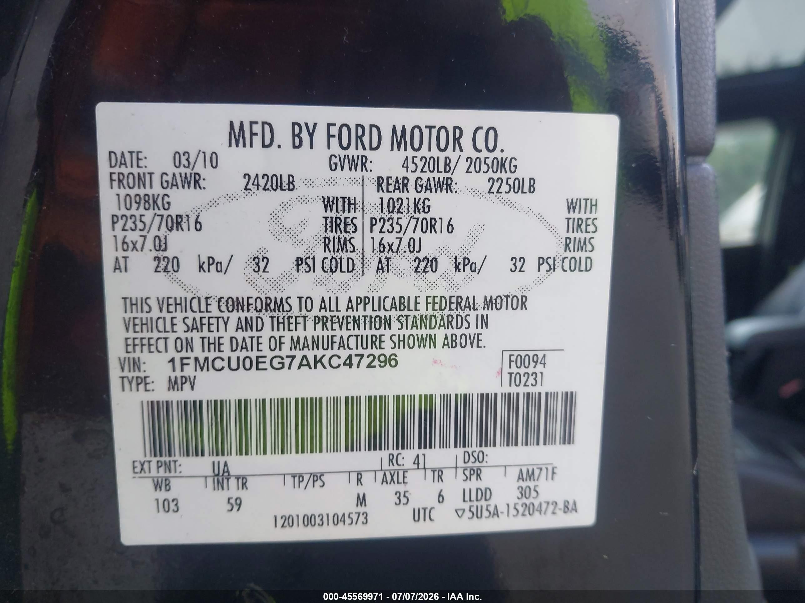 2010 Ford Escape Limited Black vin: 1FMCU0EG7AKC47296