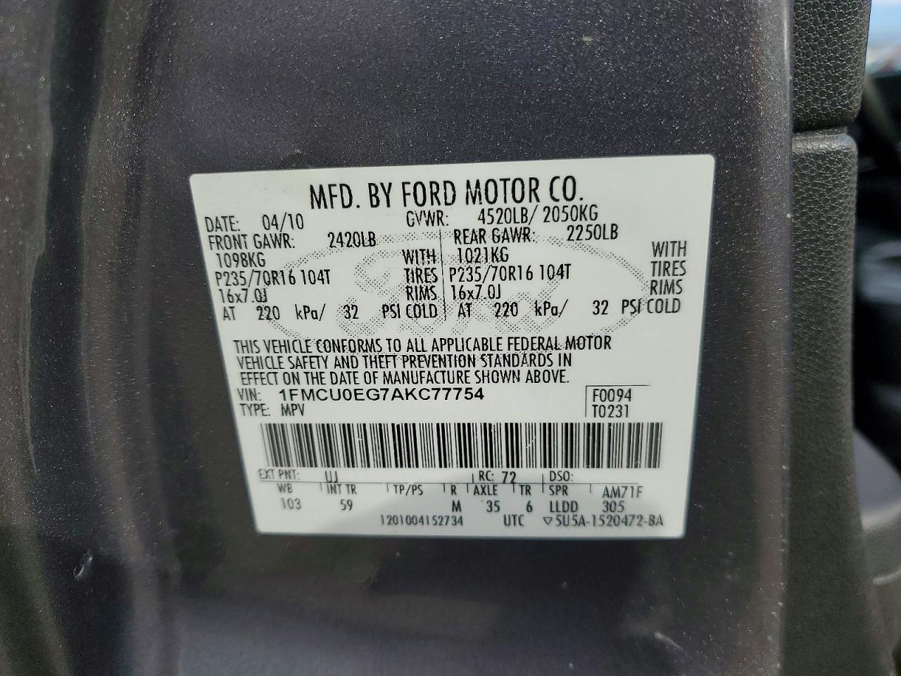 2010 Ford Escape Limited Gray vin: 1FMCU0EG7AKC77754