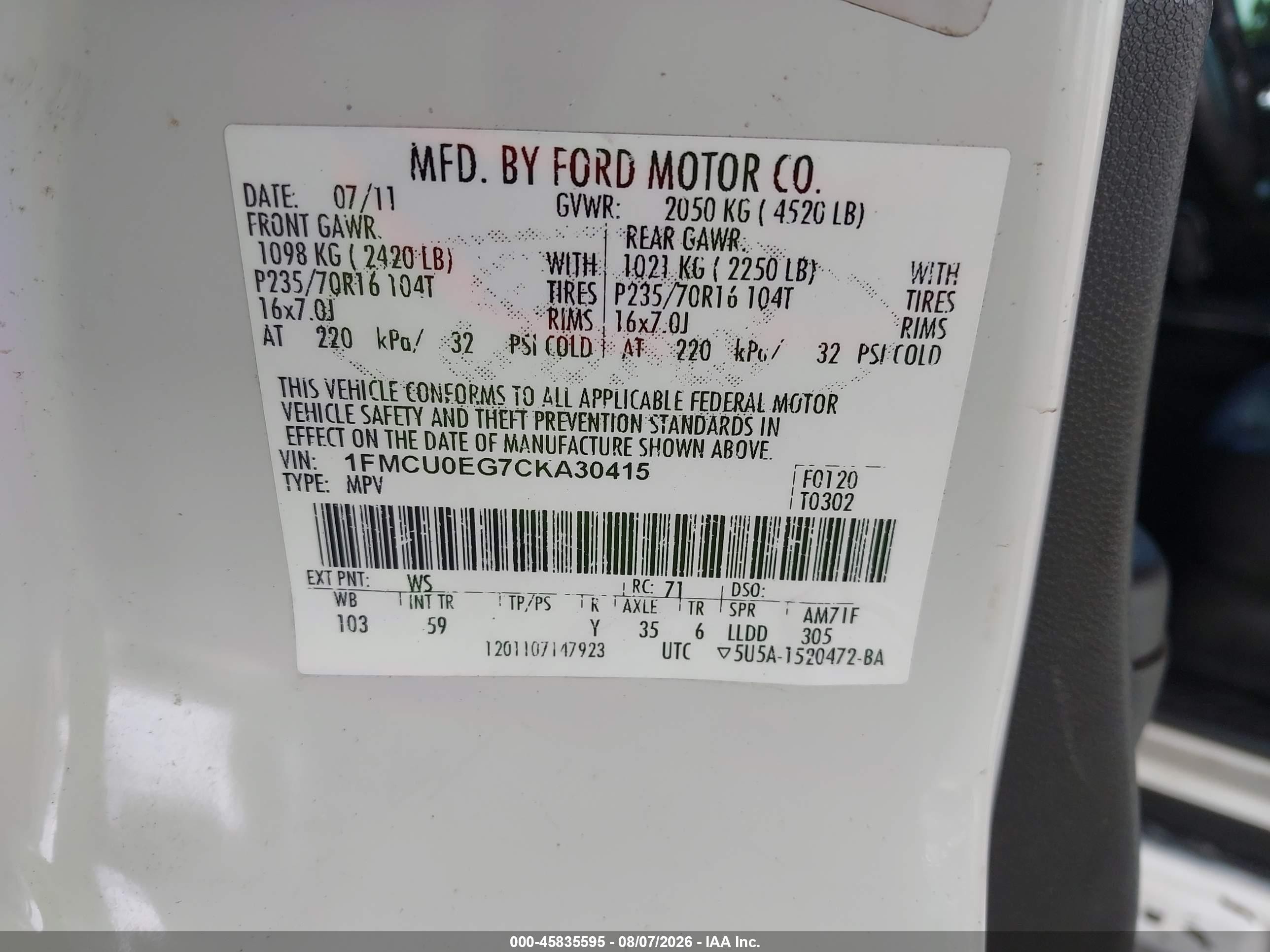 2012 Ford Escape Limited White vin: 1FMCU0EG7CKA30415