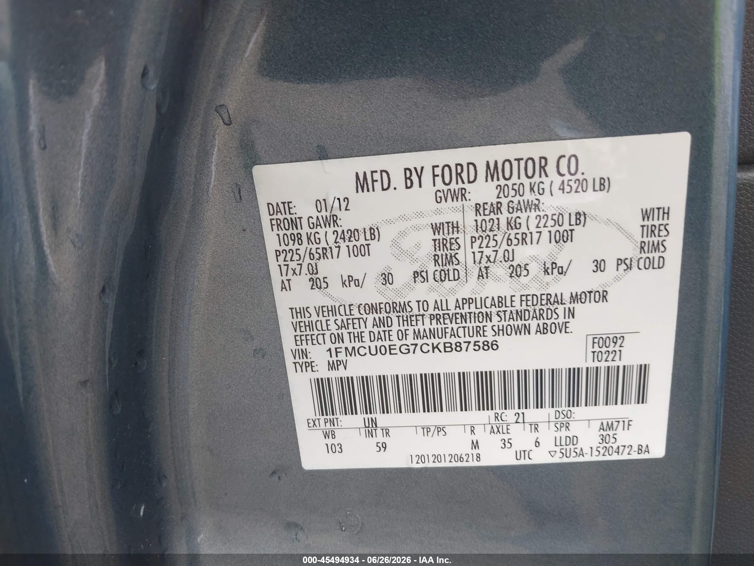 2012 Ford Escape Limited Blue vin: 1FMCU0EG7CKB87586