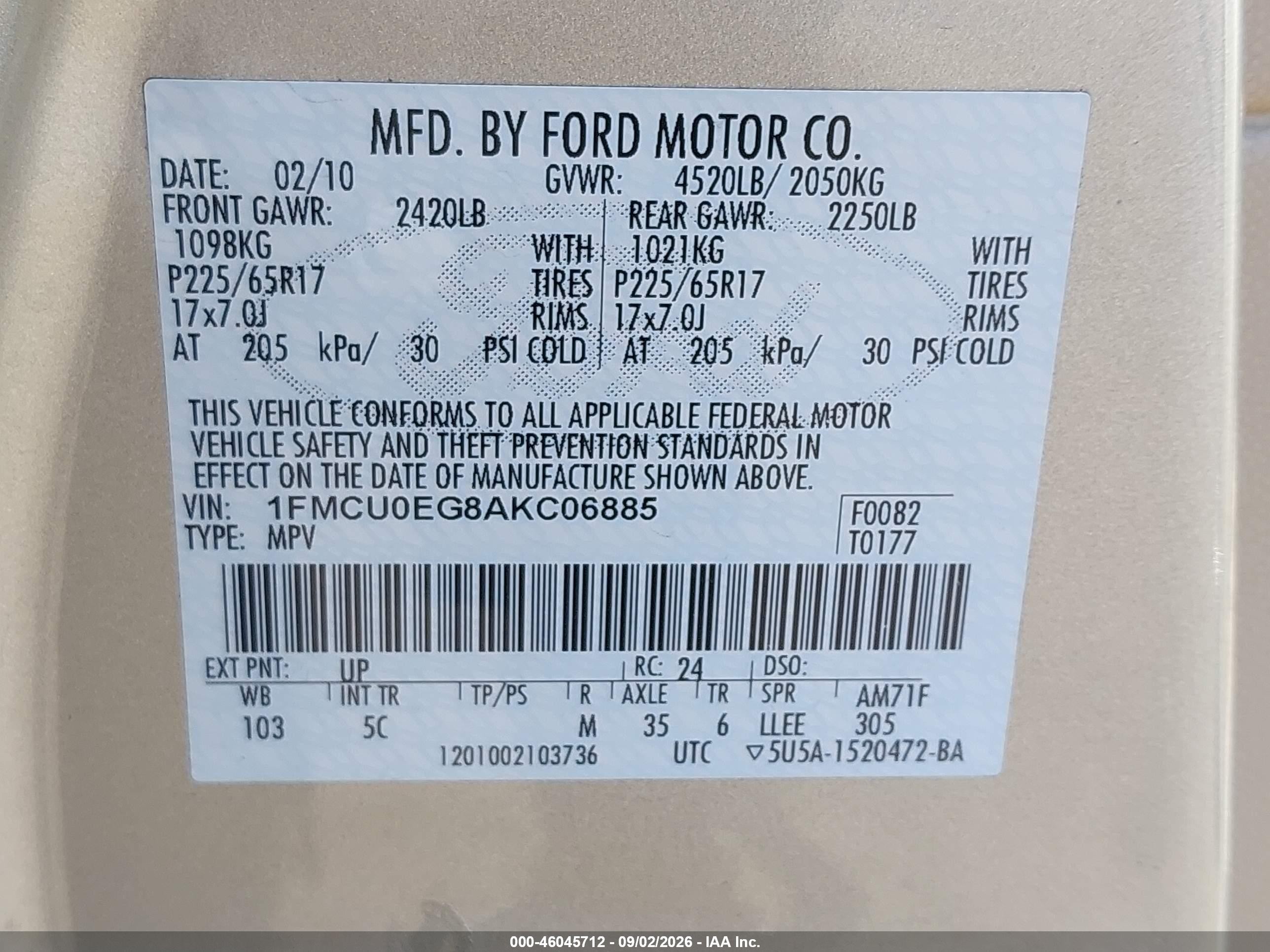 2010 Ford Escape Limited Tan vin: 1FMCU0EG8AKC06885