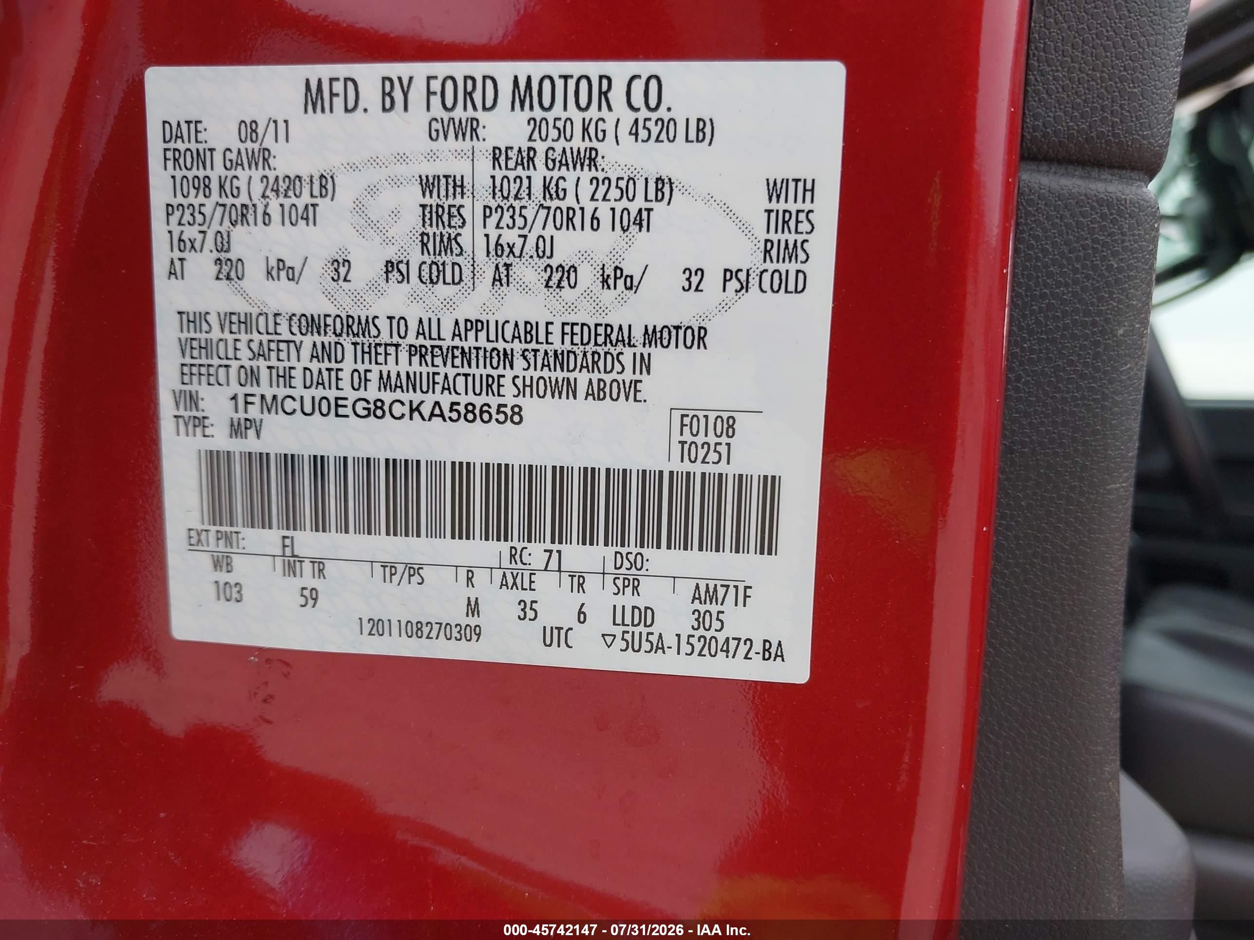 2012 Ford Escape Limited Red vin: 1FMCU0EG8CKA58658