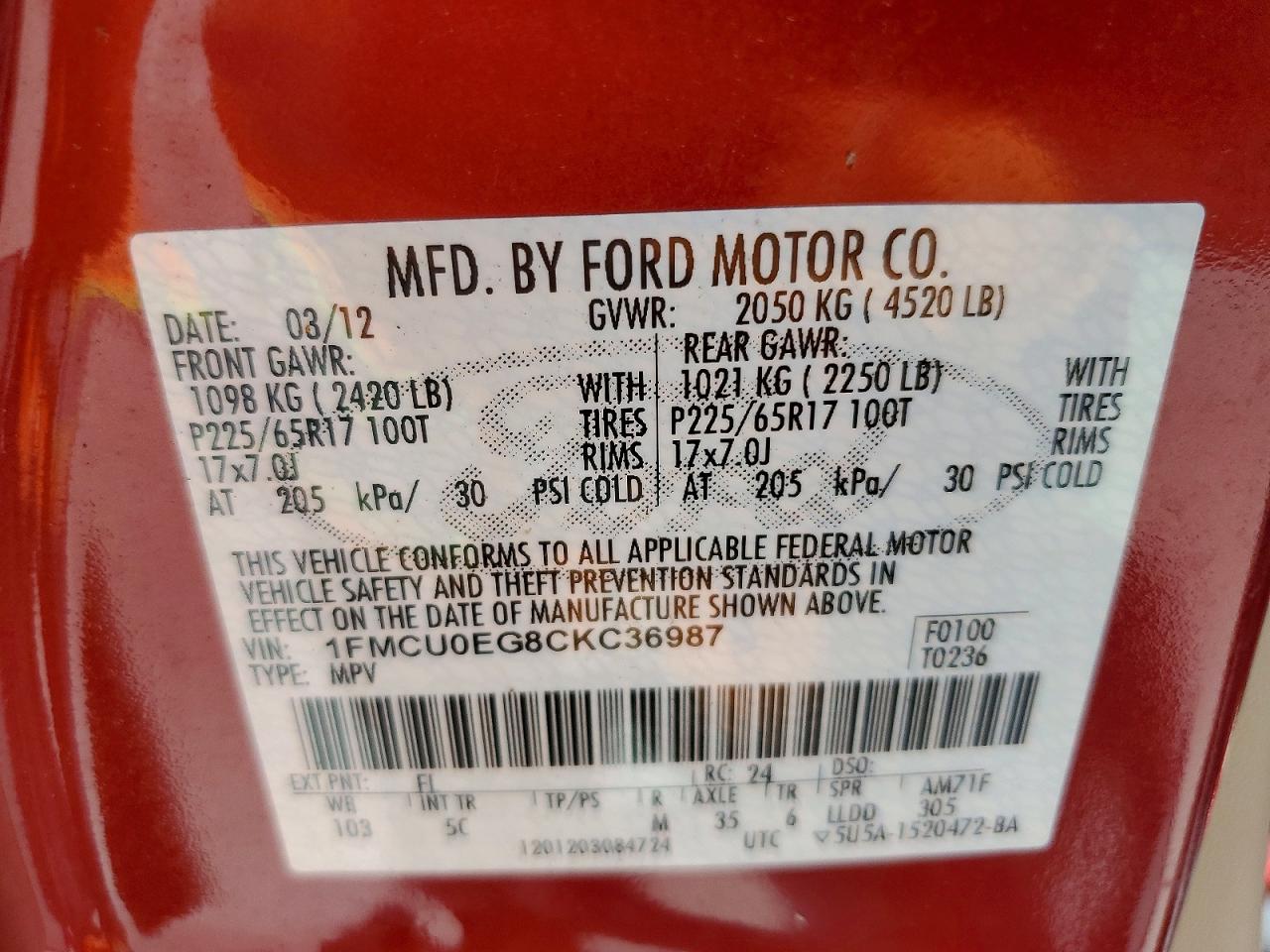 2012 Ford Escape Limited Red vin: 1FMCU0EG8CKC36987