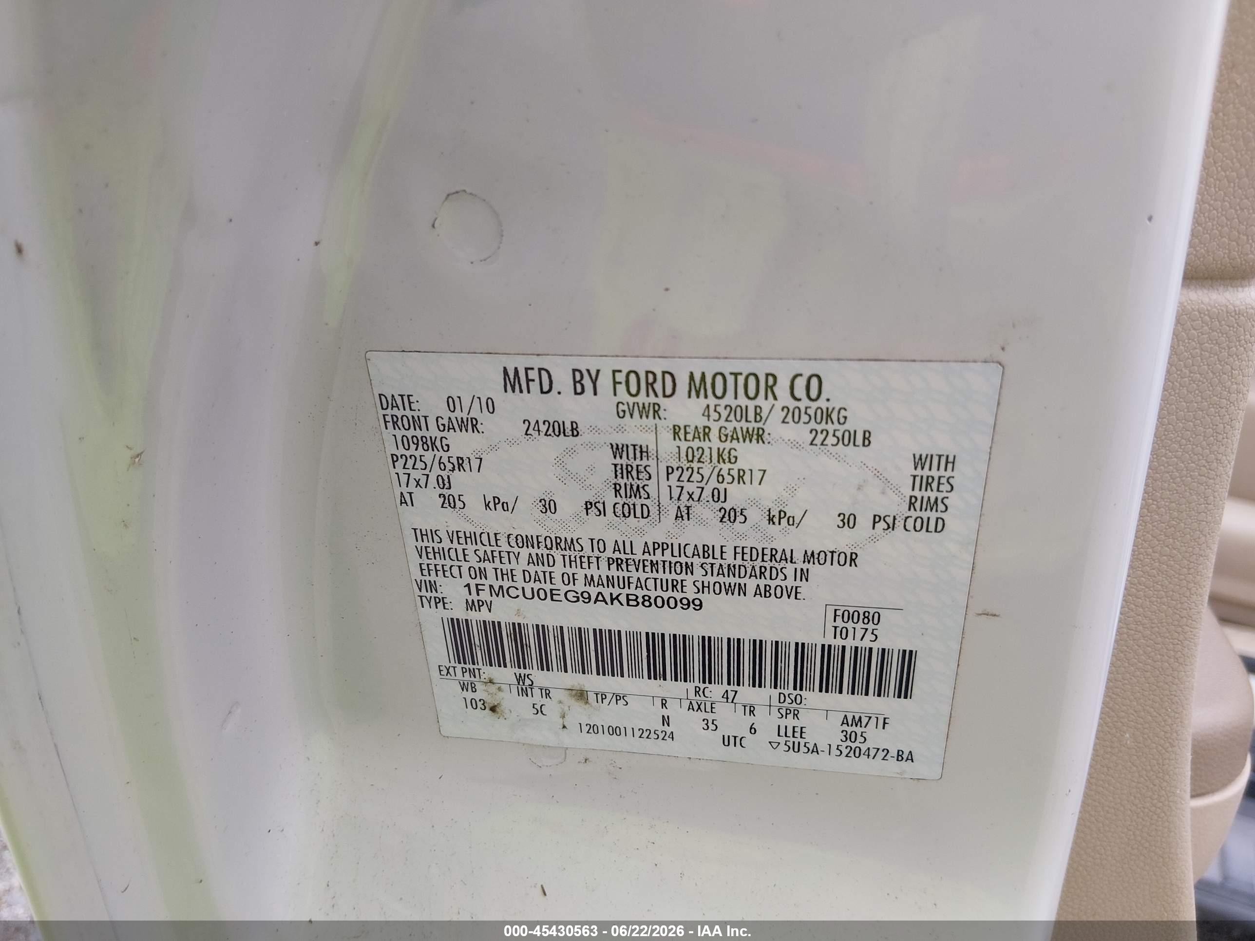 2010 Ford Escape Limited White vin: 1FMCU0EG9AKB80099