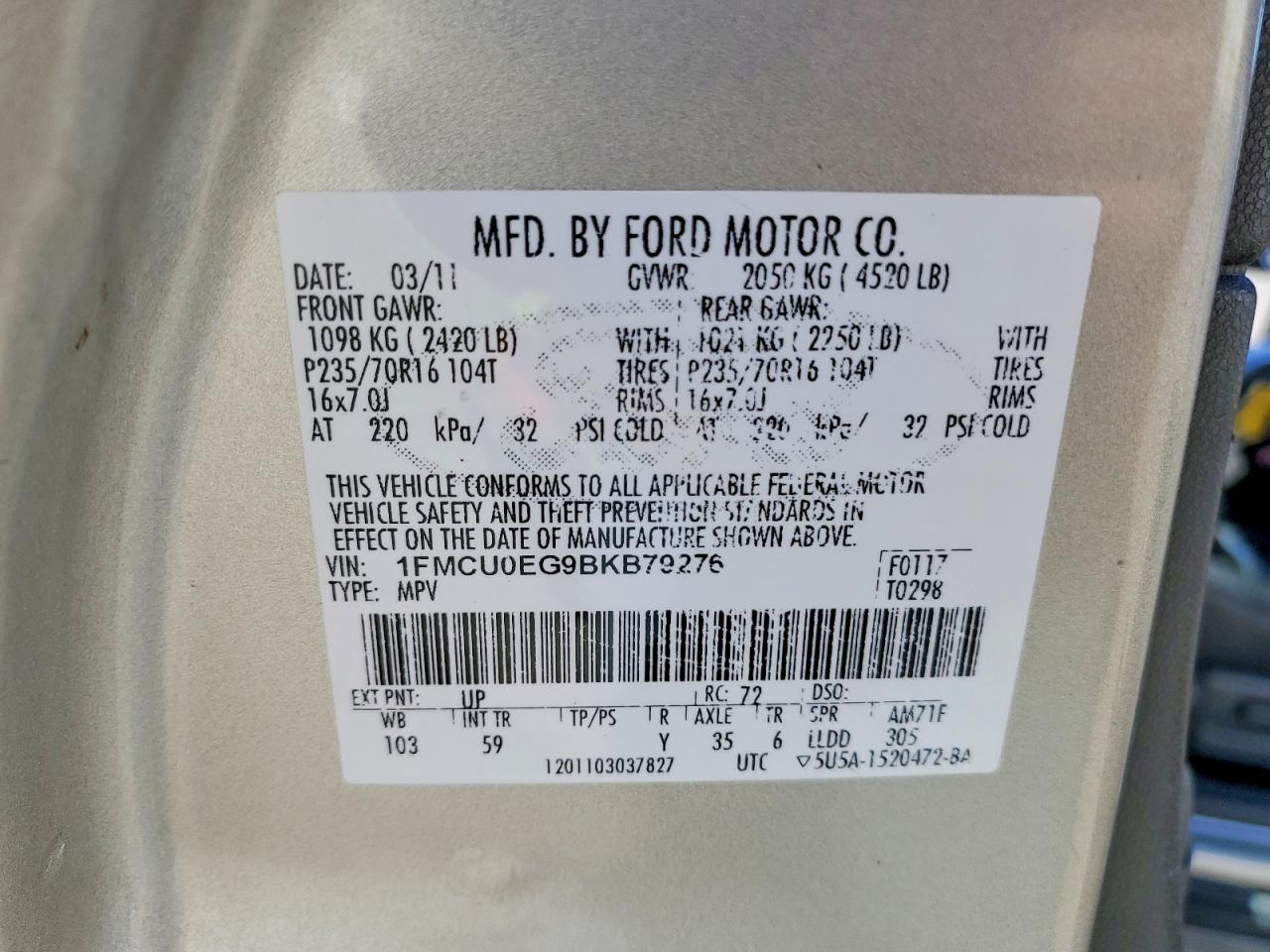 2011 Ford Escape Limited Tan vin: 1FMCU0EG9BKB79276