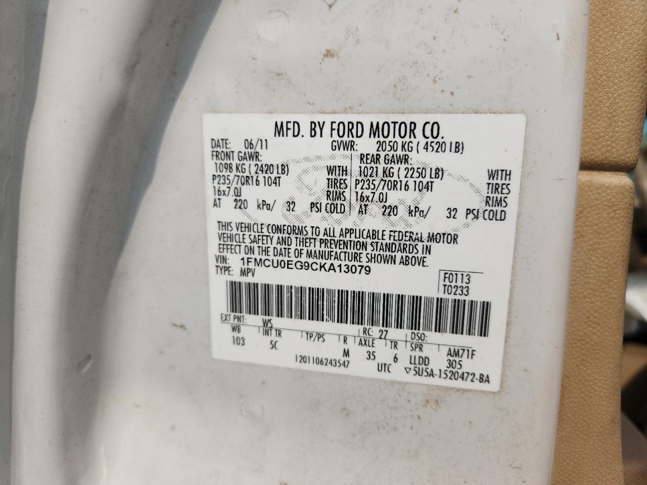 2012 Ford Escape Limited Белый vin: 1FMCU0EG9CKA13079
