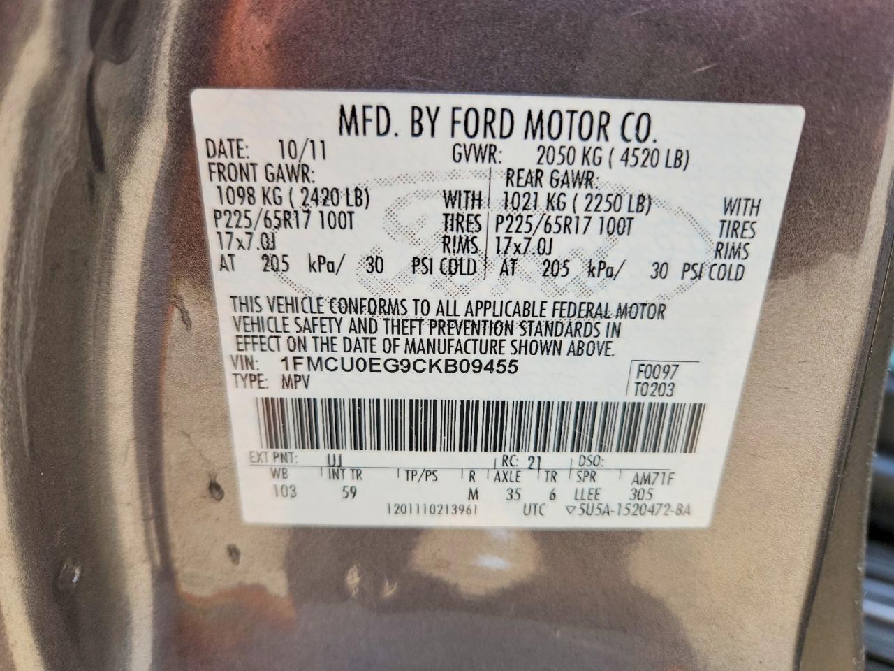 2012 Ford Escape Limited Gray vin: 1FMCU0EG9CKB09455