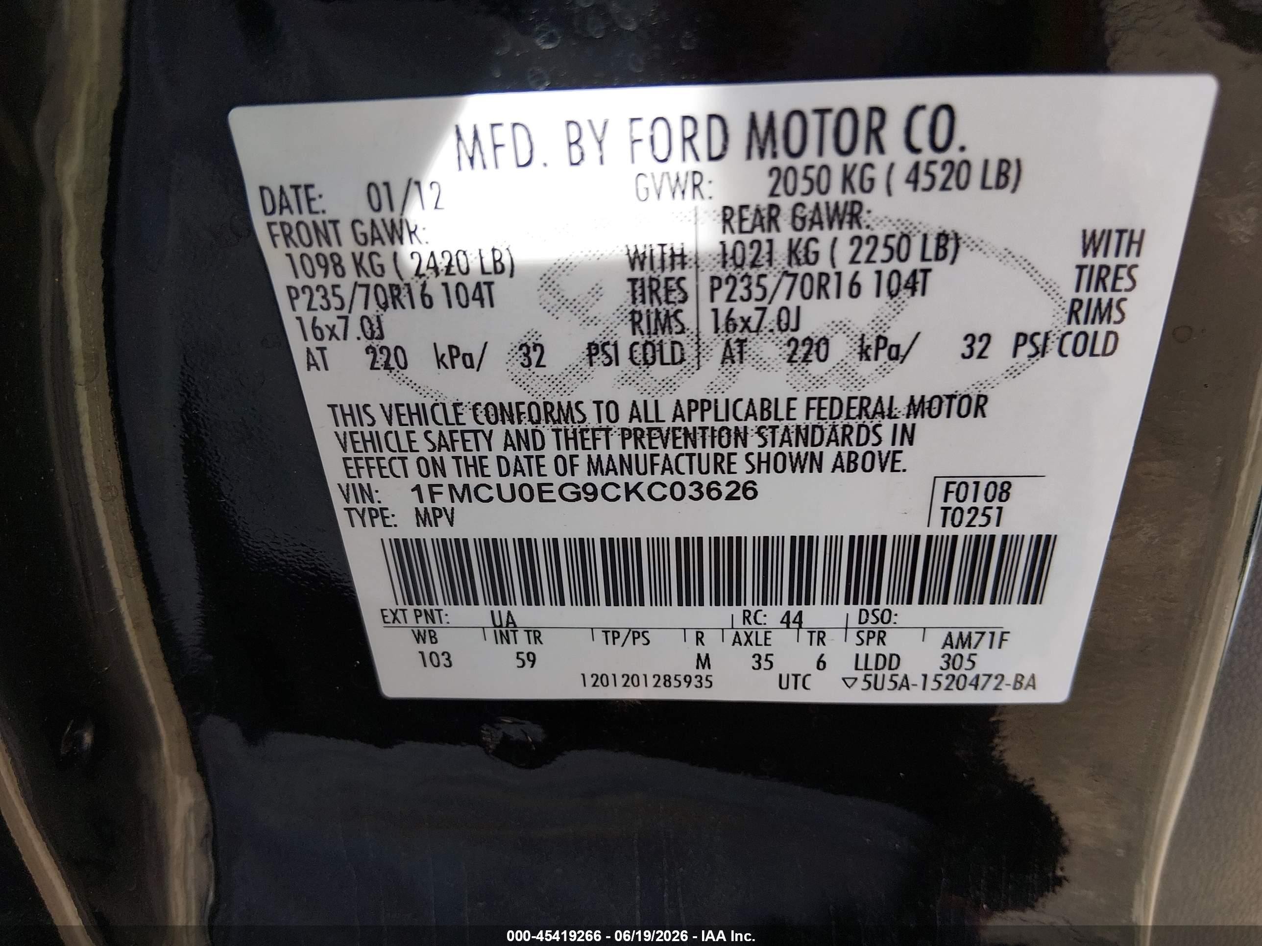 2012 Ford Escape Limited Black vin: 1FMCU0EG9CKC03626