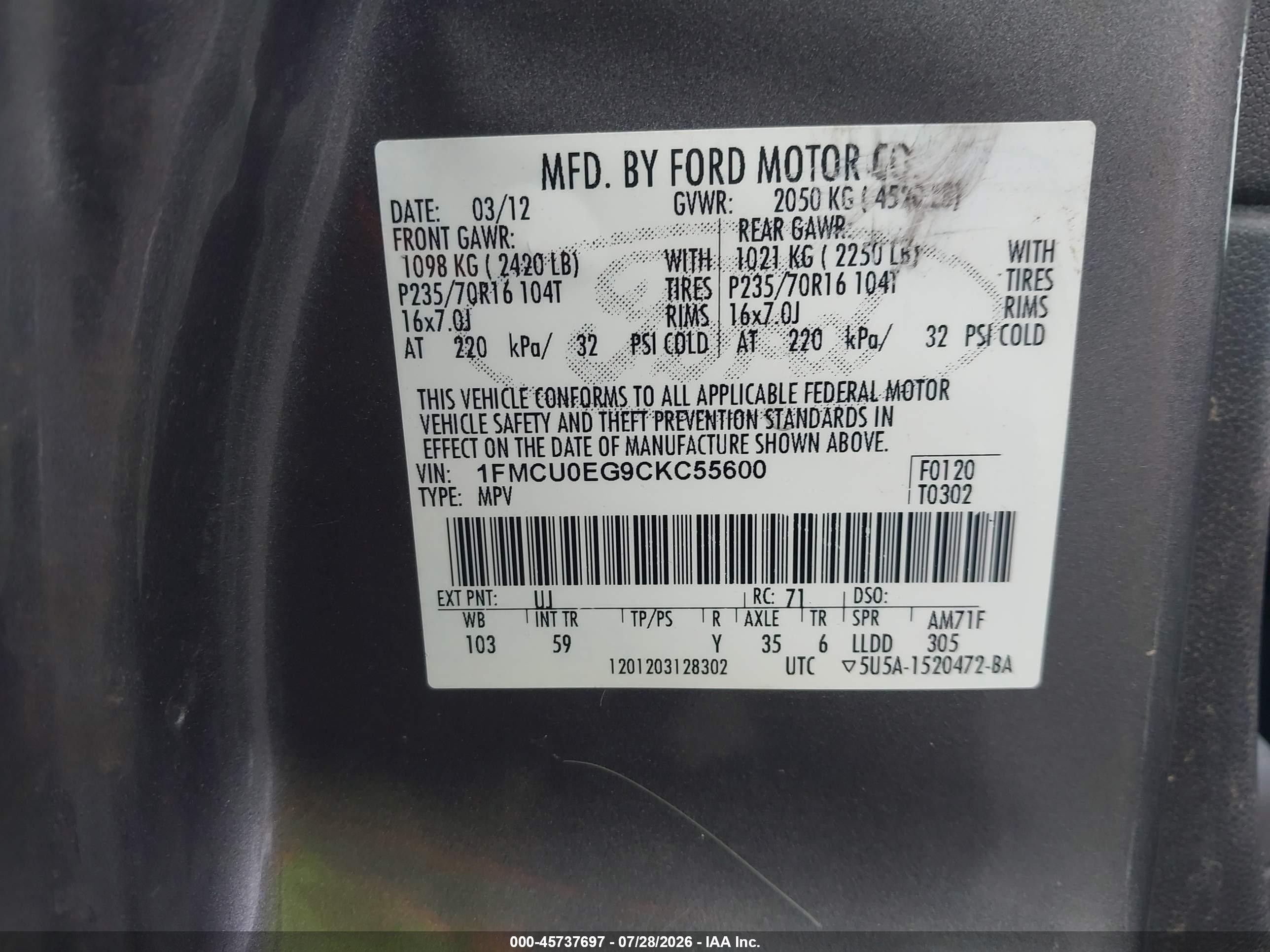 2012 Ford Escape Limited Gray vin: 1FMCU0EG9CKC55600