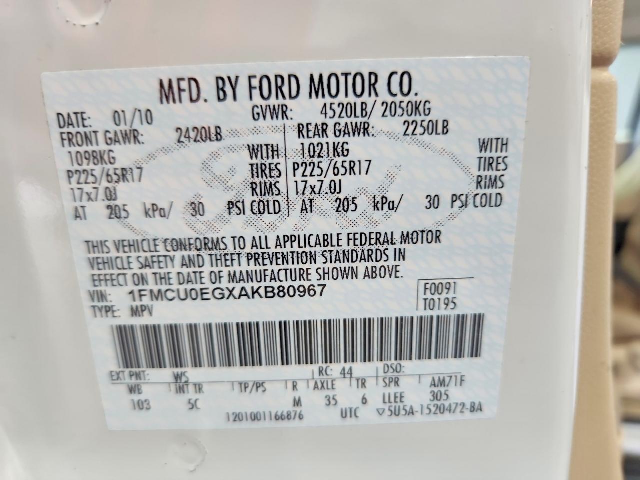 2010 Ford Escape Limited White vin: 1FMCU0EGXAKB80967